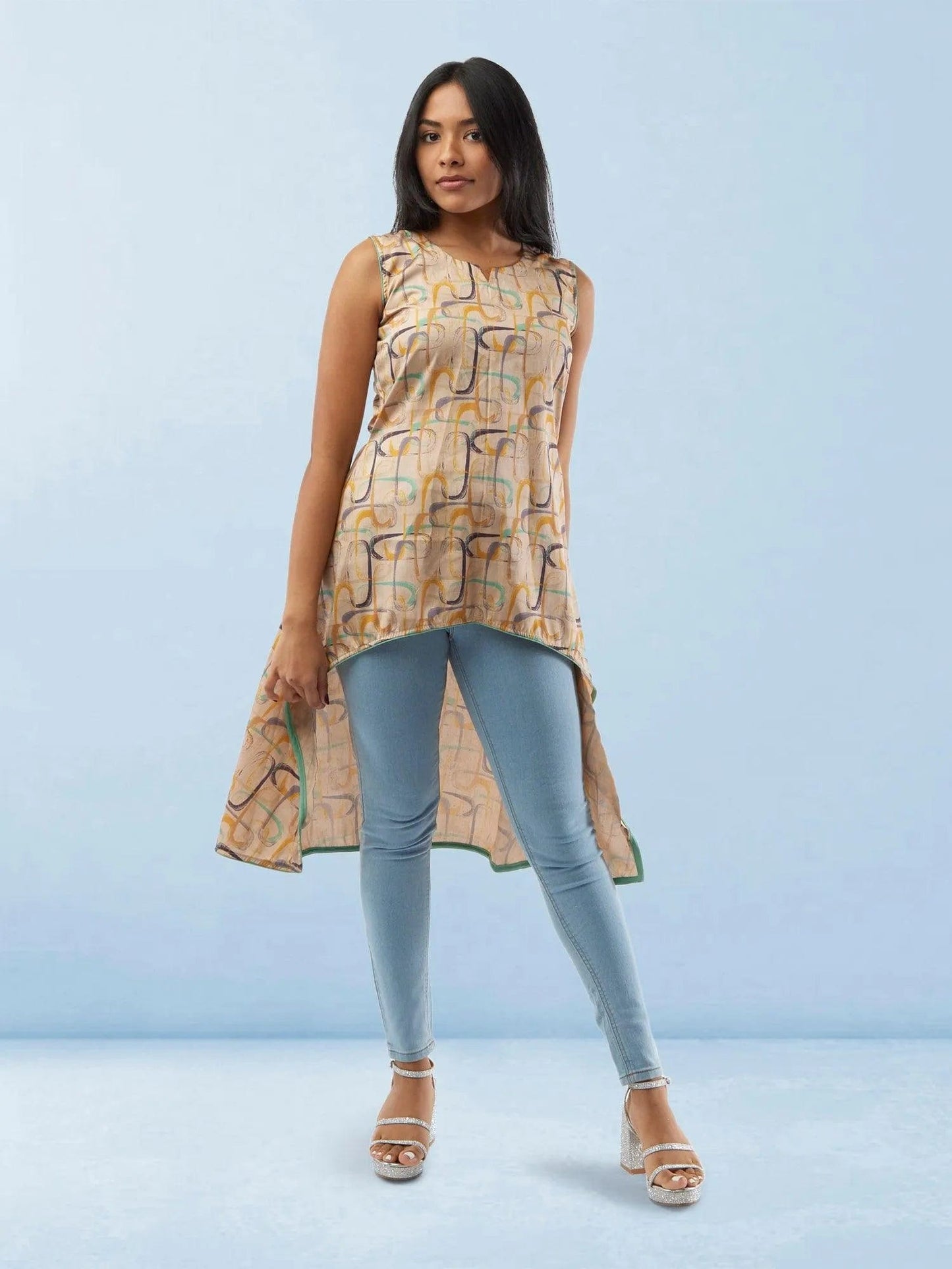Cream Geometrical Print Raw Silk High Low Top | Short Kurtis For women | Short Kurtis For women | Modern Indian Wear | Indian Attire For Women | Women's Tops | Indian Short Tops