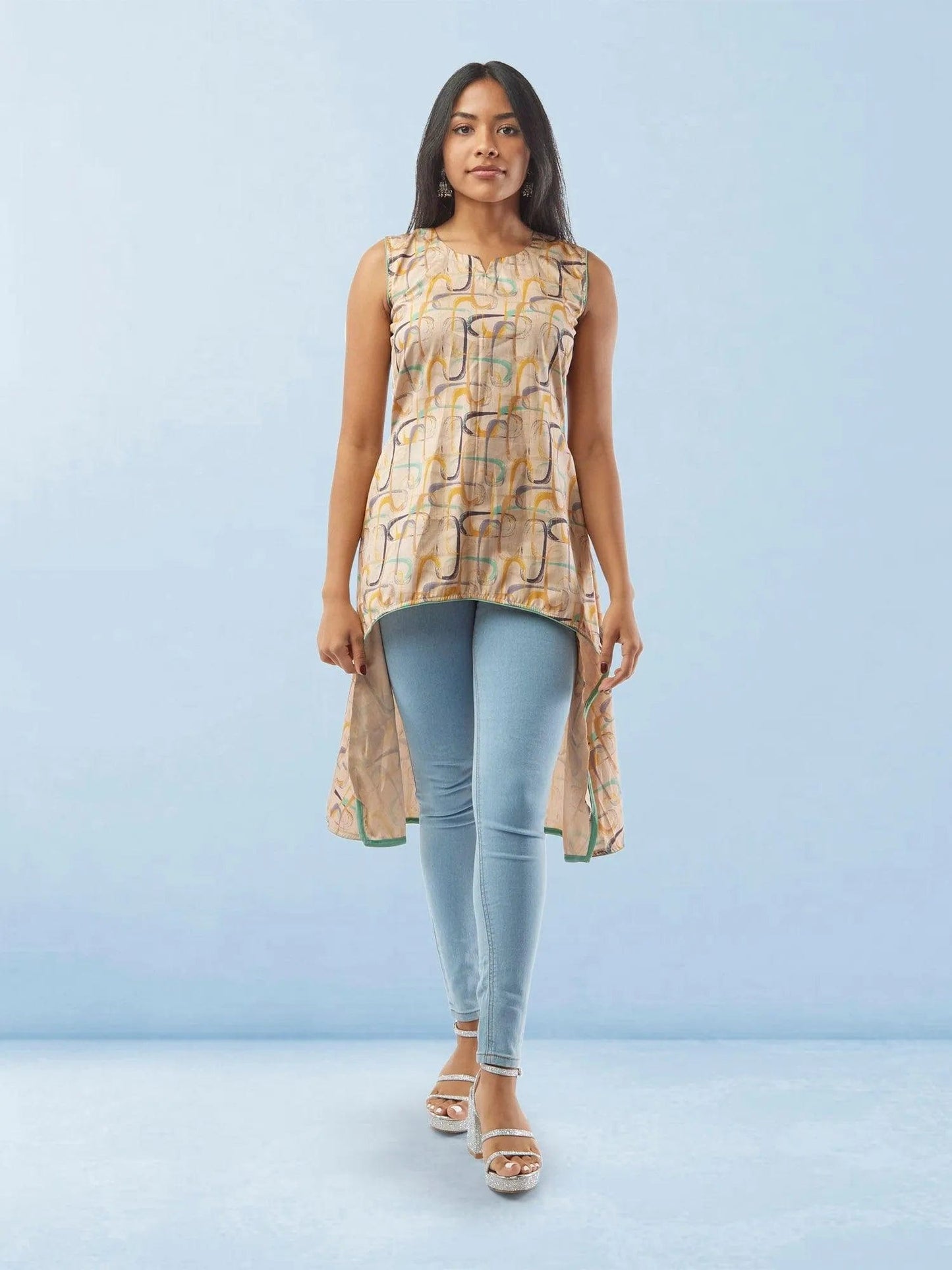 Cream Geometrical Print Raw Silk High Low Top | Short Kurtis For women | Short Kurtis For women | Modern Indian Wear | Indian Attire For Women | Women's Tops | Indian Short Tops