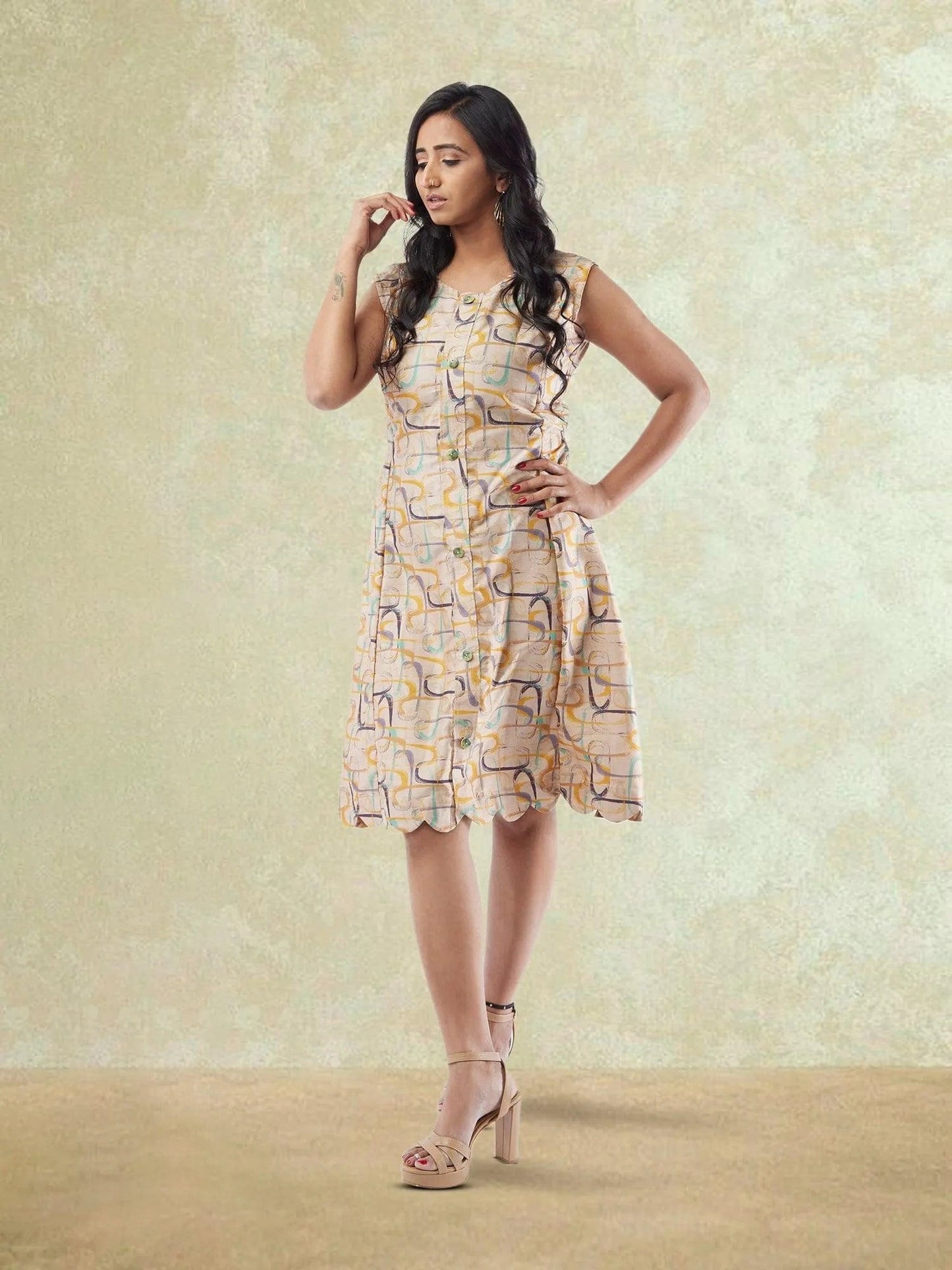 Cream Geometrical Print Raw Silk Knee Length Dress | Indo Western Dress| Modern Indian Wear | formal indian dress | Indo Western Outfits | indian wear usa