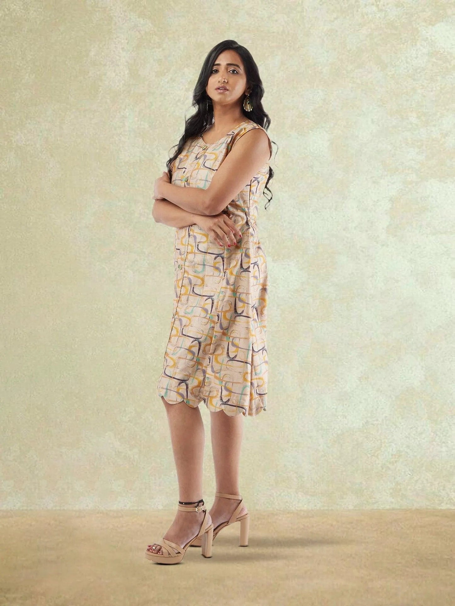 Cream Geometrical Print Raw Silk Knee Length Dress | Indo Western Dress| Modern Indian Wear | formal indian dress | Indo Western Outfits | indian wear usa
