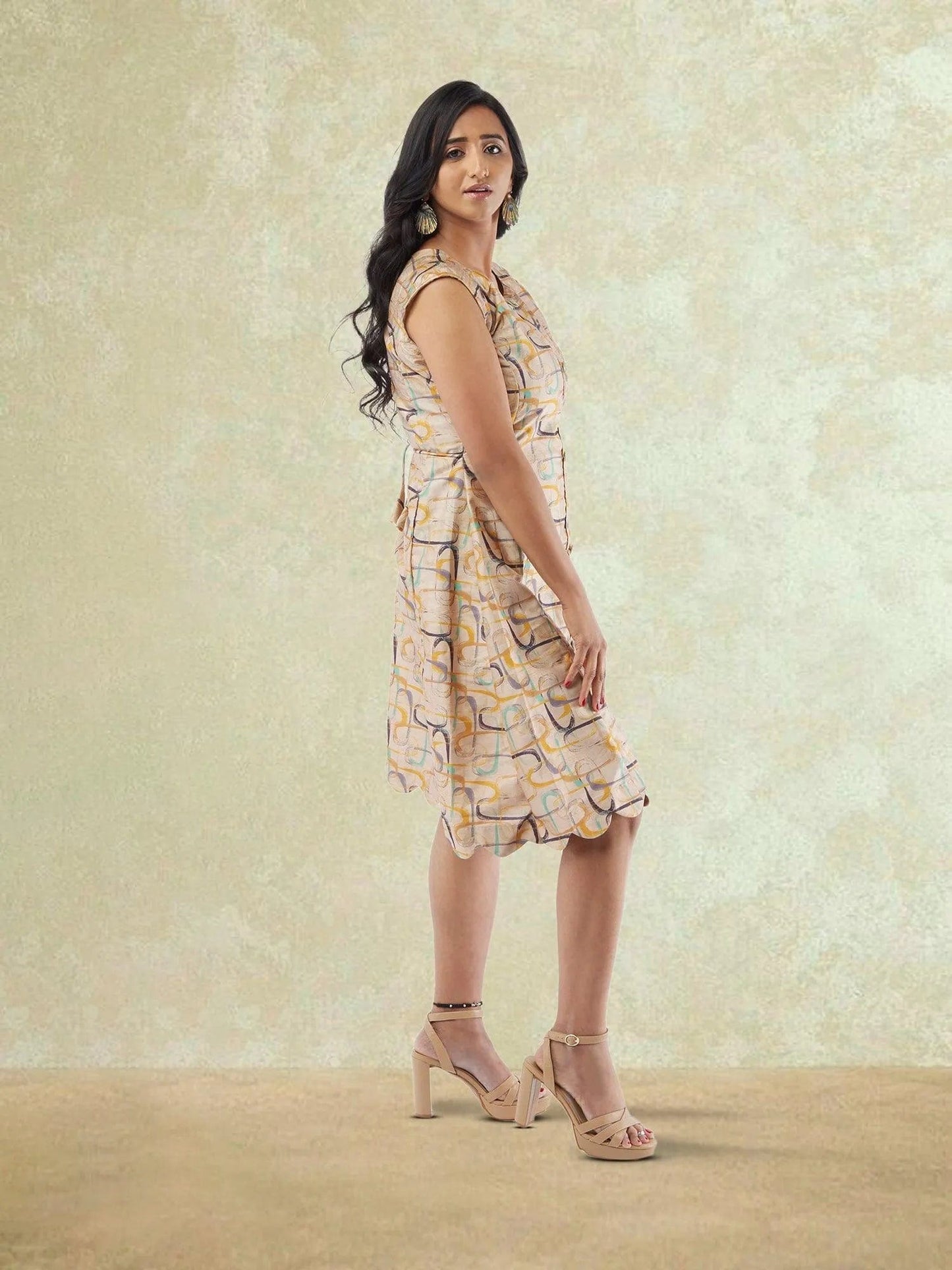 Cream Geometrical Print Raw Silk Knee Length Dress | Indo Western Dress| Modern Indian Wear | formal indian dress | Indo Western Outfits | indian wear usa