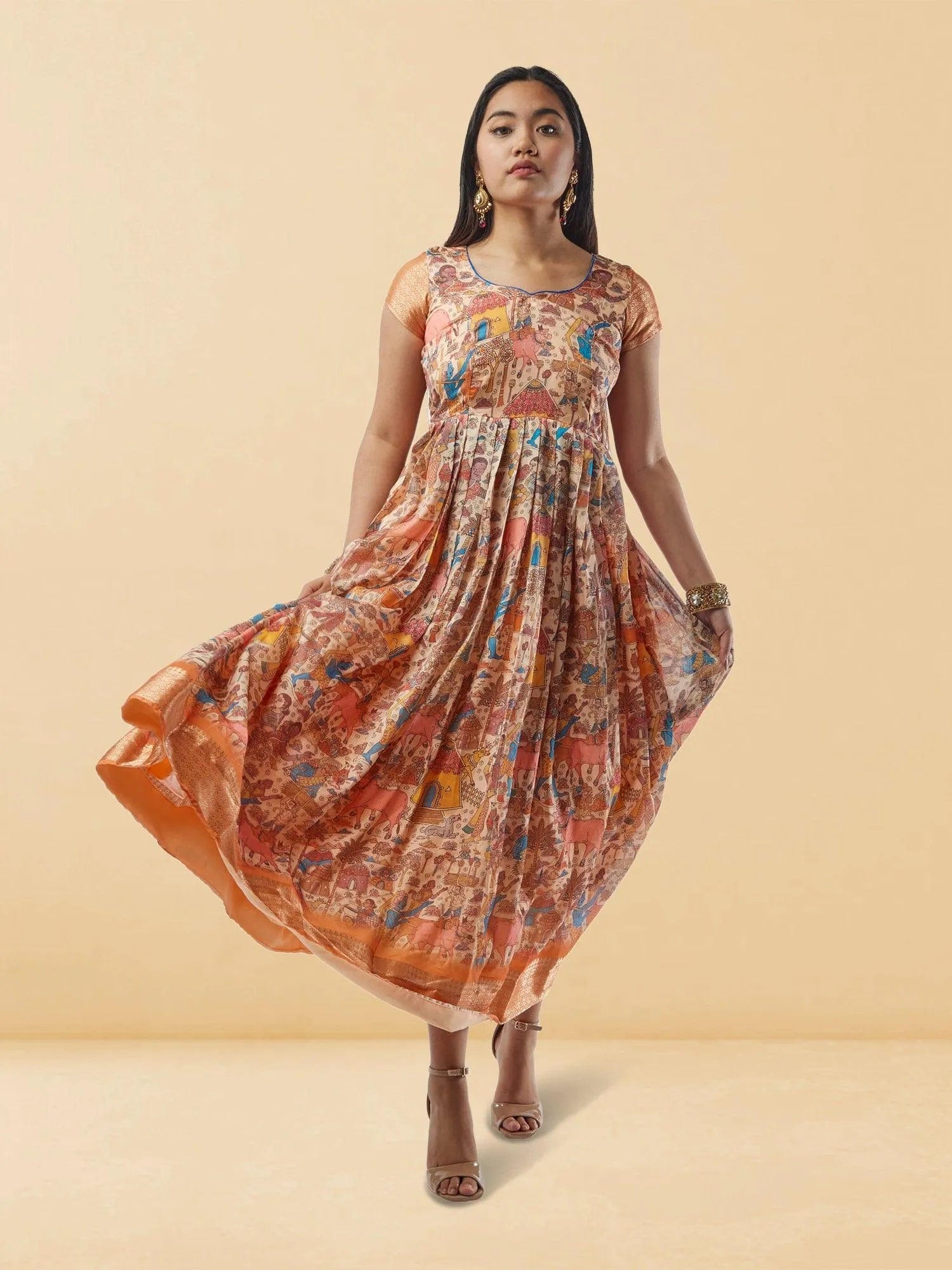 Cream Kalankari Ankle-Length Dress Muvvas Boutique