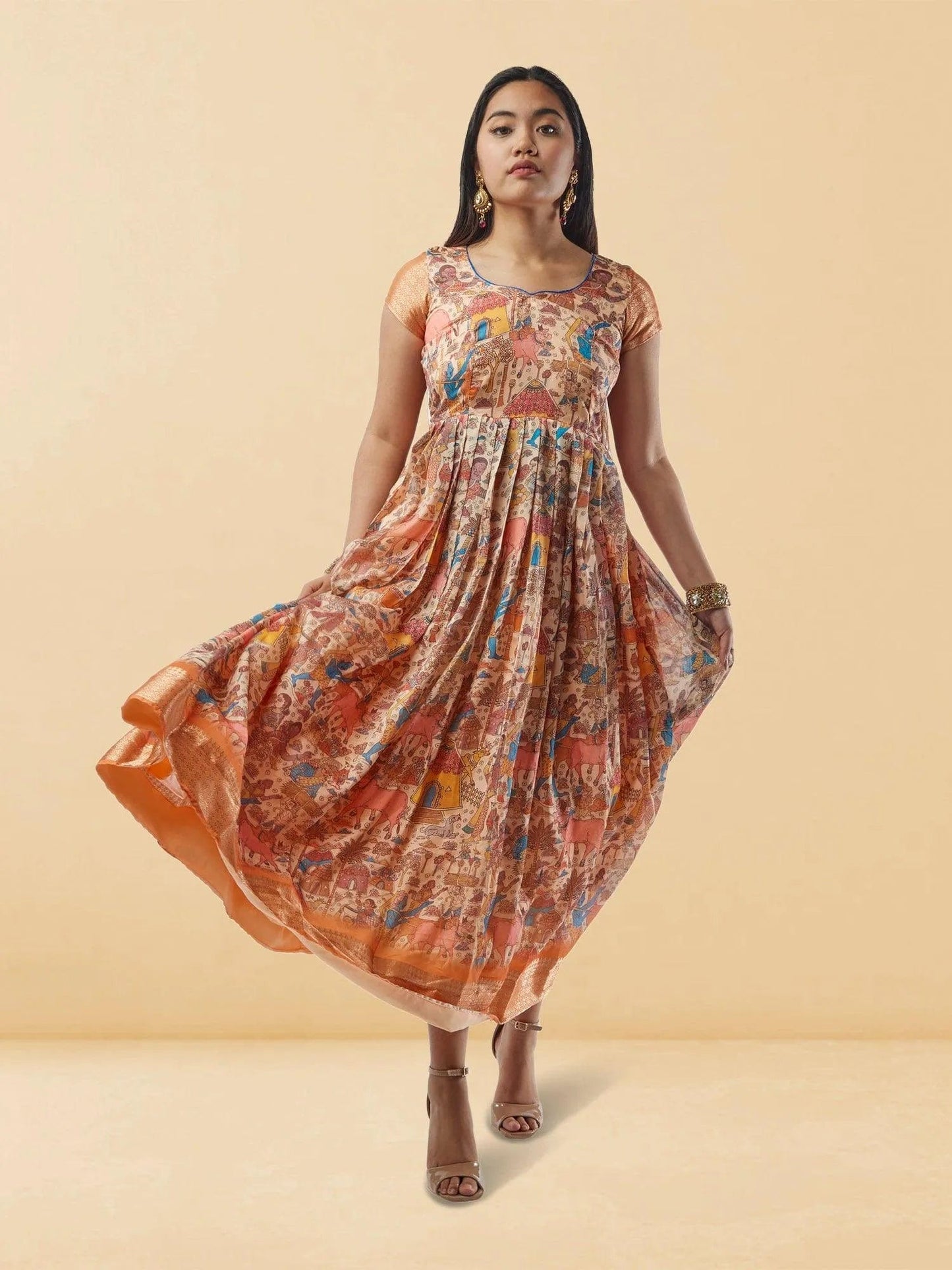Cream Kalankari Print Ankle Length Dress | Indo Western Dress| Indian Attire For Women | casual indian wear | indian wear usa | indian clothing online usa