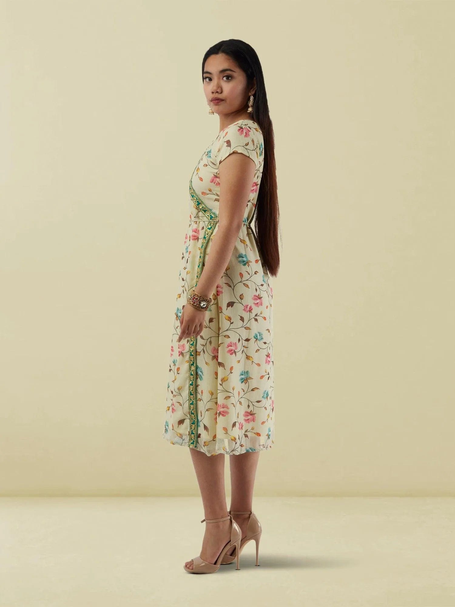 Cream Printed Chiffon Knee Length Wrap Dress | Indo Western Dress| Modern Indian Wear | Indo Western Outfits | indian wear usa | casual indian wear