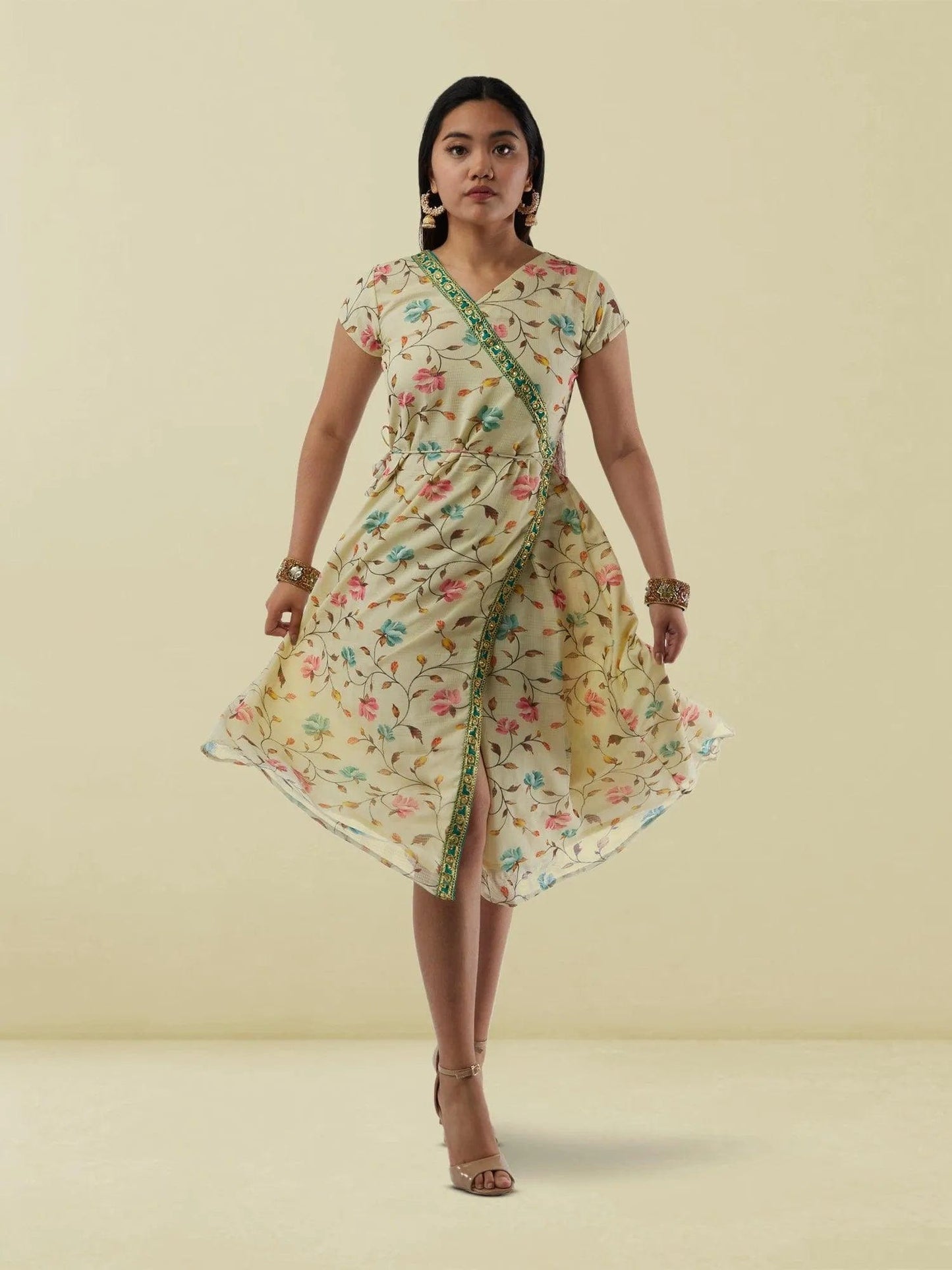 Cream Printed Chiffon Knee Length Wrap Dress | Indo Western Dress| Modern Indian Wear | Indo Western Outfits | indian wear usa | casual indian wear