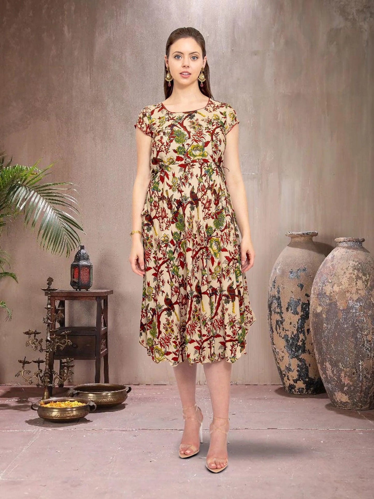 Cream Printed Knee Length Dress - Chic Fusion Style | indian party dress for women | indian wear usa | Indo Western Outfits | Modern Indian Wear | Indian Attire For Women