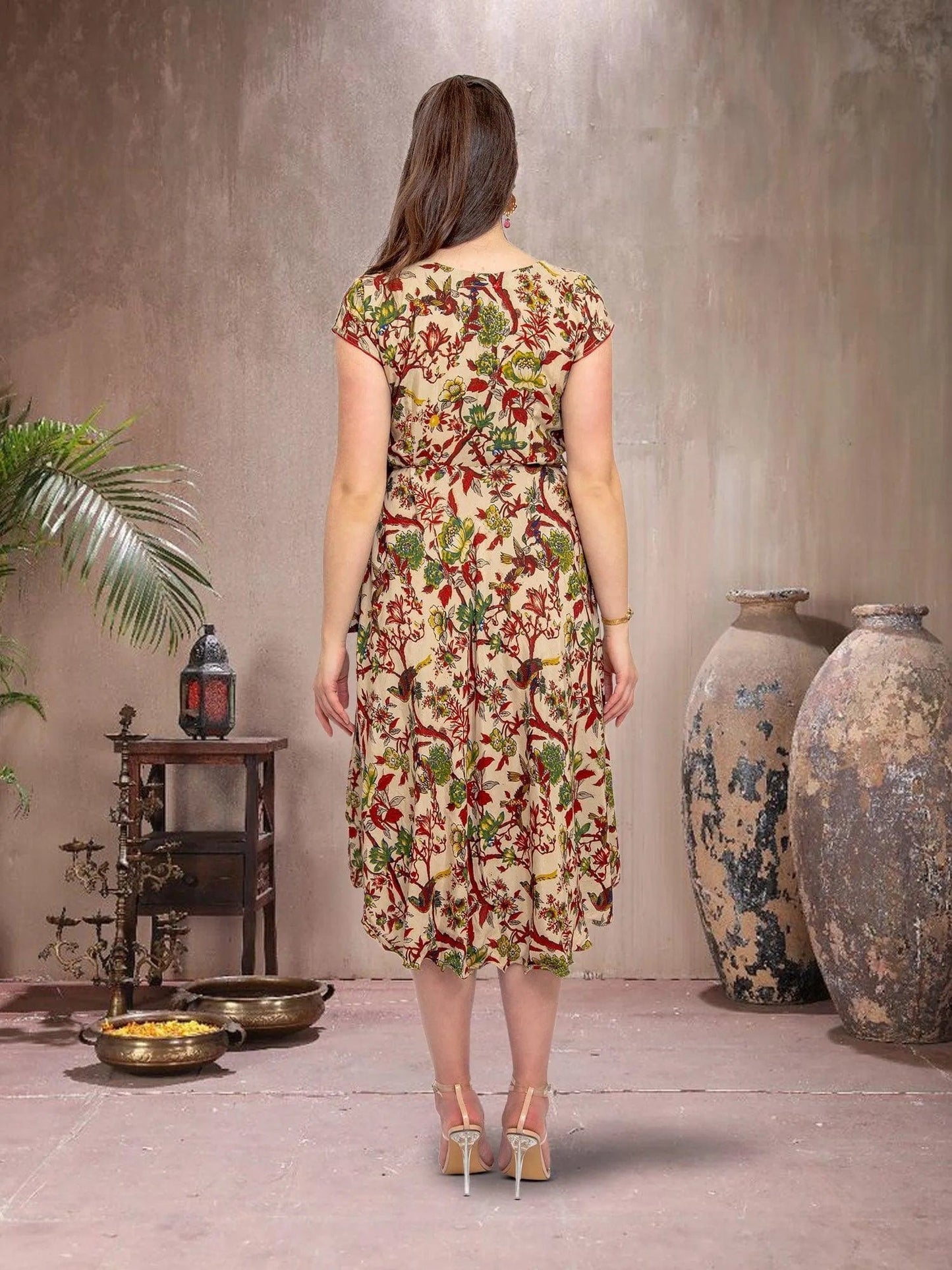 Cream Printed Knee Length Dress - Chic Fusion Style | indian party dress for women | indian wear usa | Indo Western Outfits | Modern Indian Wear | Indian Attire For Women