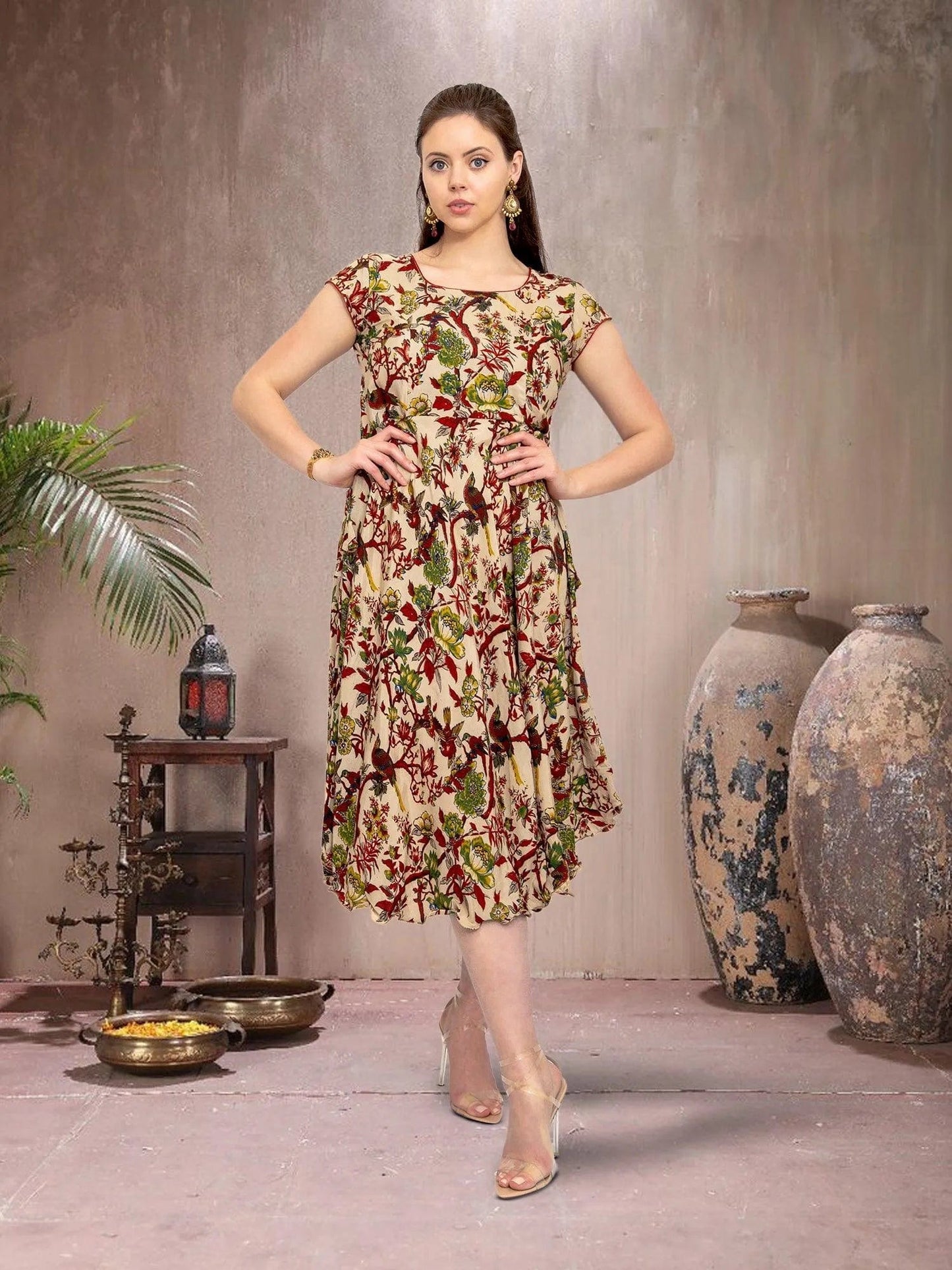 Cream Printed Knee Length Dress - Chic Fusion Style | indian party dress for women | indian wear usa | Indo Western Outfits | Modern Indian Wear | Indian Attire For Women