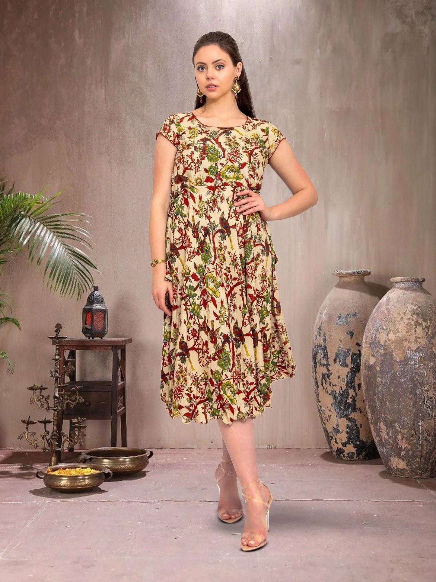 Cream Printed Knee Length Dress - Chic Fusion Style | indian party dress for women | indian wear usa | Indo Western Outfits | Modern Indian Wear | Indian Attire For Women