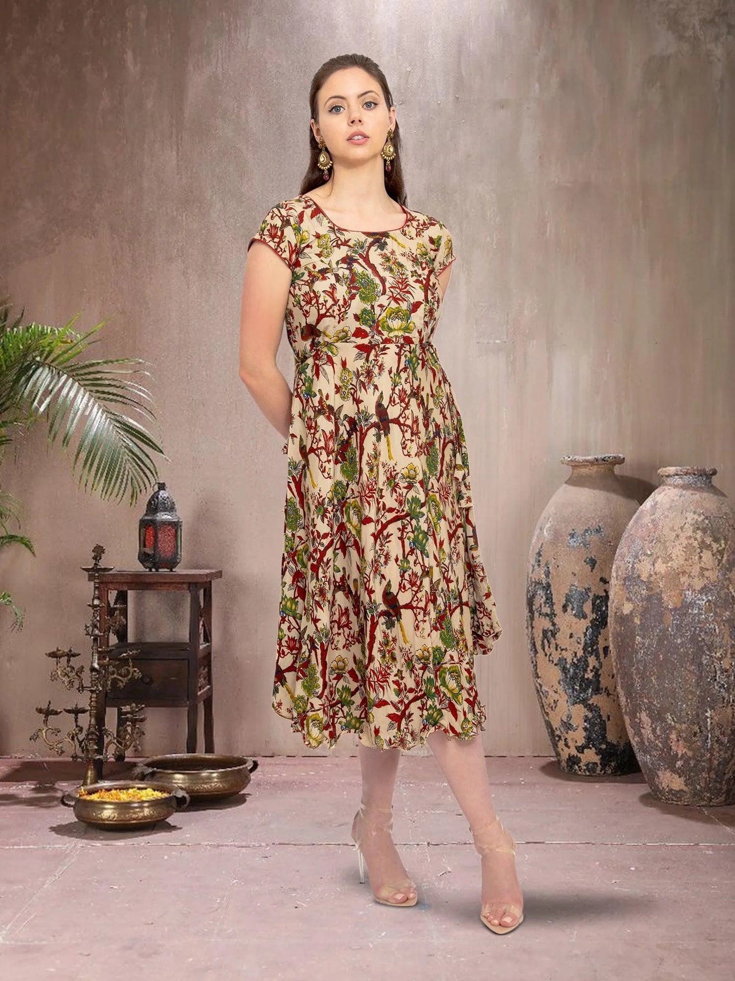 Cream Printed Knee Length Dress - Chic Fusion Style | indian party dress for women | indian wear usa | Indo Western Outfits | Modern Indian Wear | Indian Attire For Women