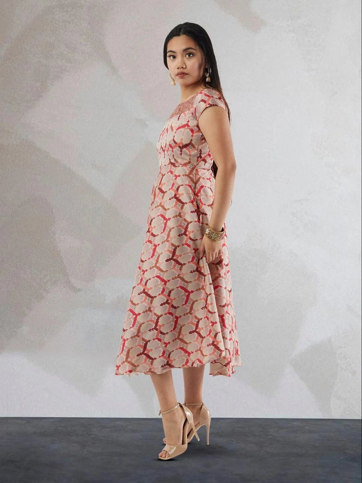 Cream and Red Printed Silk Knee Length Dress | Indo Western Dress | Modern Indian Wear | indian party dress for women | indian wear usa | Indo Western Outfits