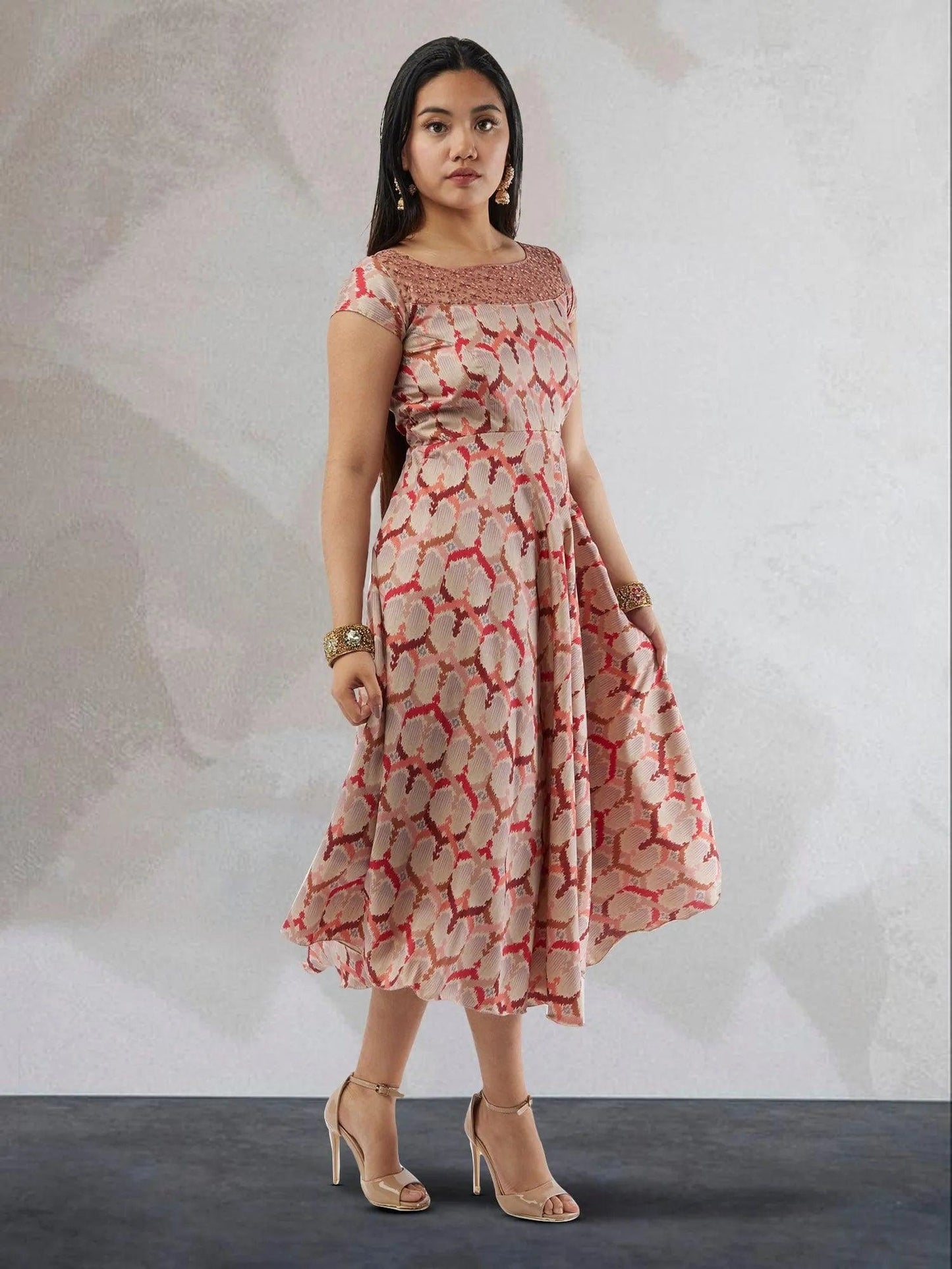 Cream and Red Printed Silk Knee Length Dress | Indo Western Dress | Modern Indian Wear | indian party dress for women | indian wear usa | Indo Western Outfits