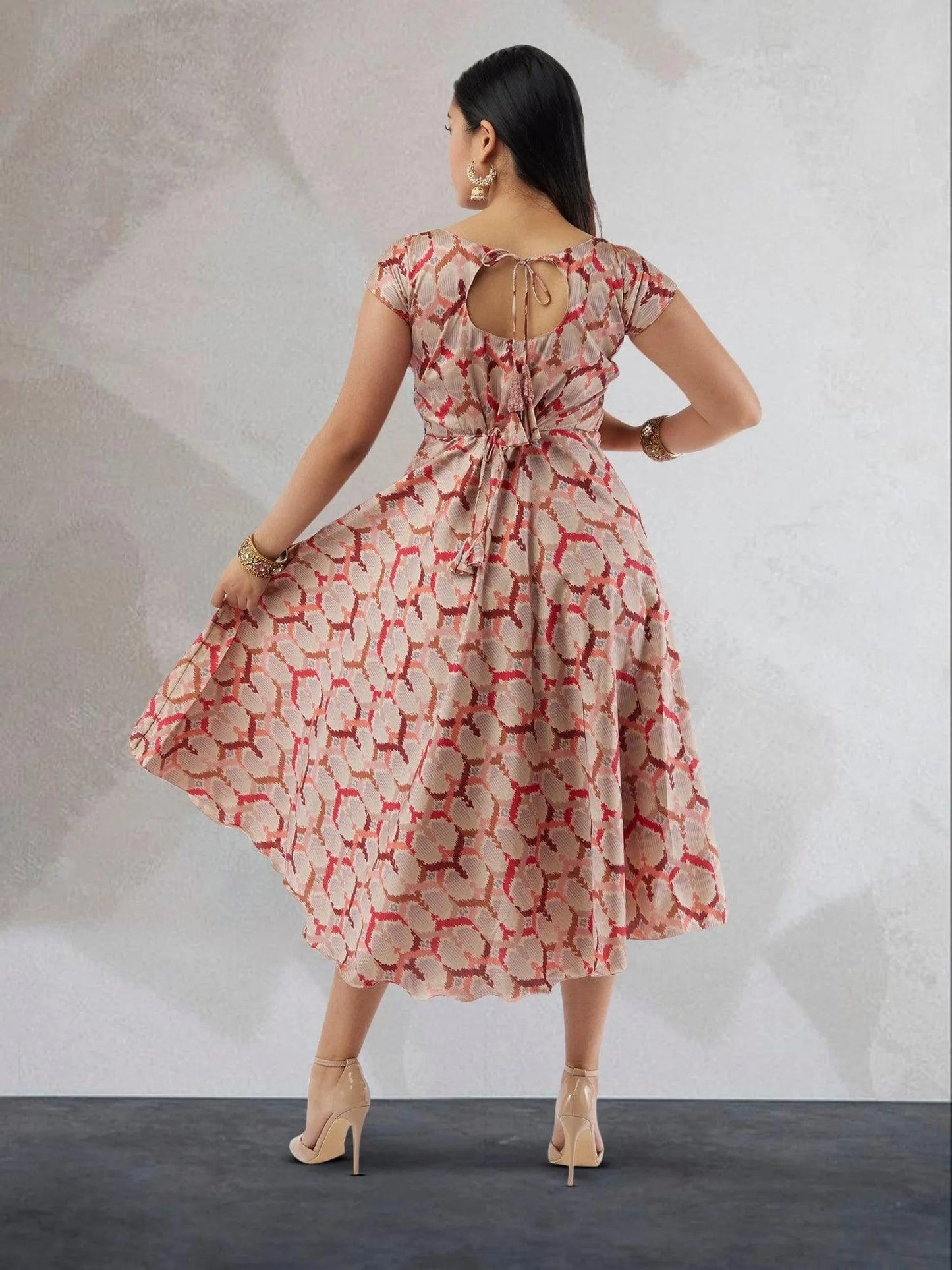 Cream and Red Printed Silk Knee Length Dress | Indo Western Dress | Modern Indian Wear | indian party dress for women | indian wear usa  | Indo Western Outfits