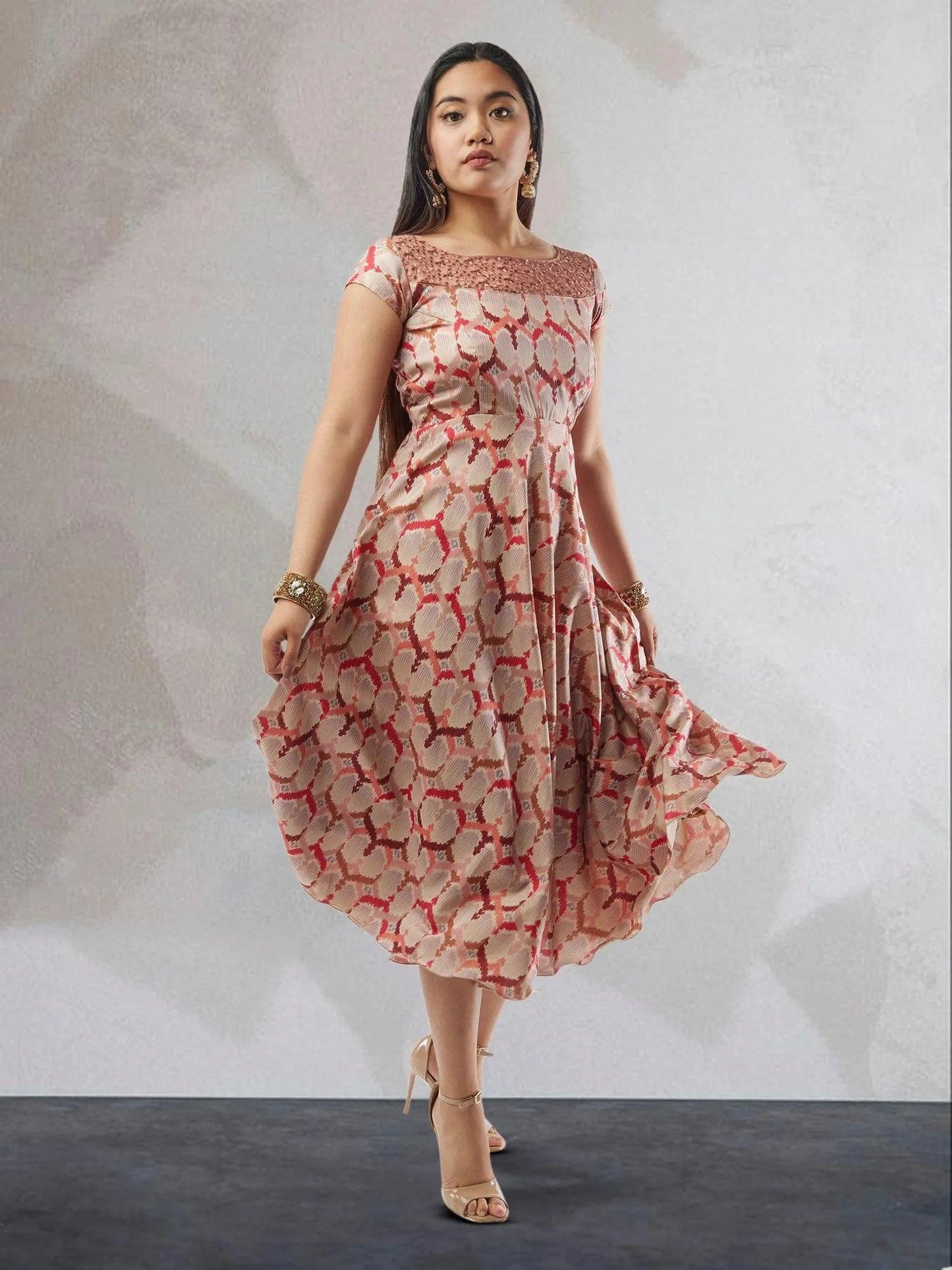 Cream and Red Printed Silk Knee Length Dress | Indo Western Dress | Modern Indian Wear | indian party dress for women | indian wear usa | Indo Western Outfits