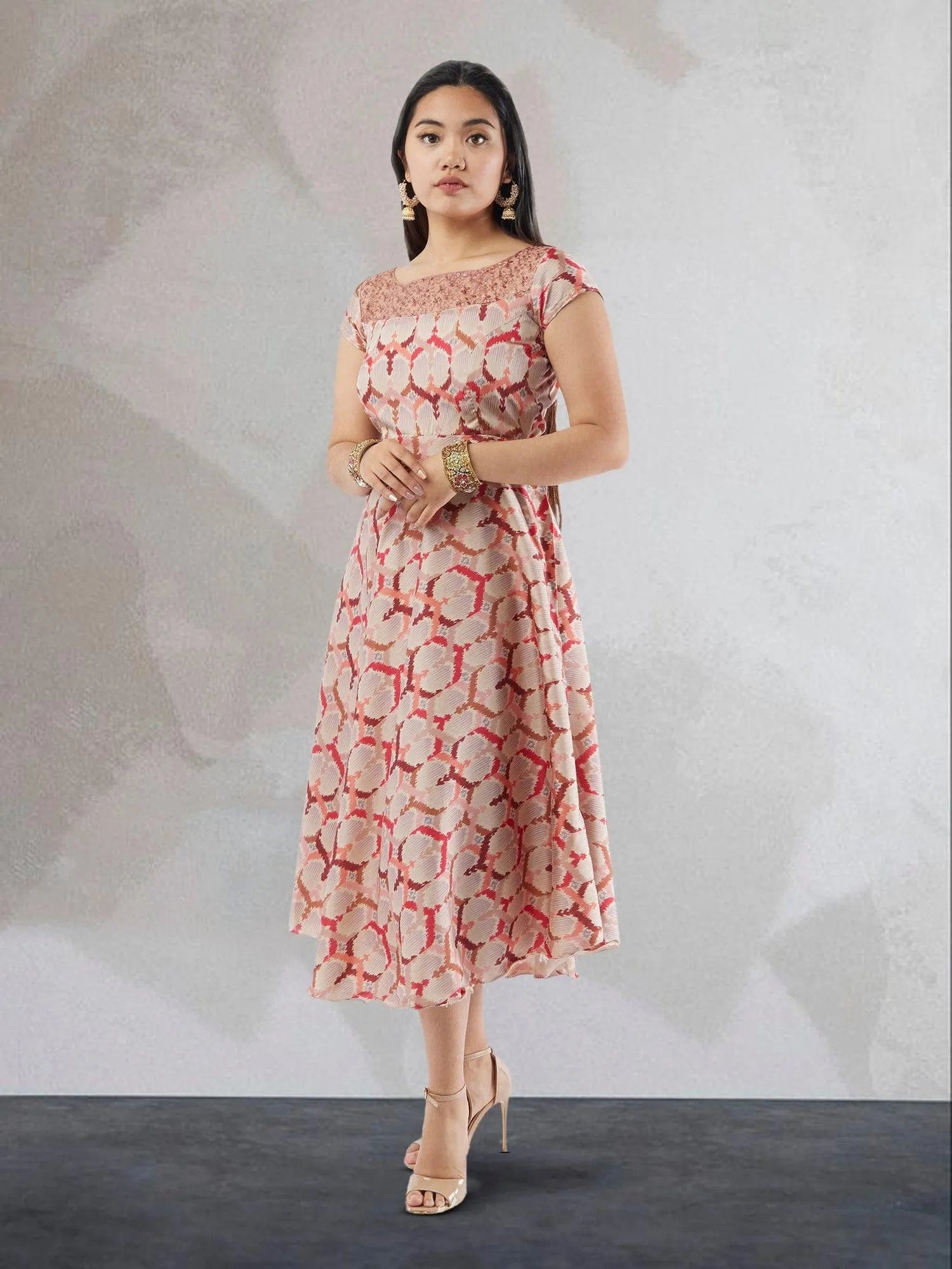 Chic Cream and Red Printed Silk Dress for Women Muvvas Boutique