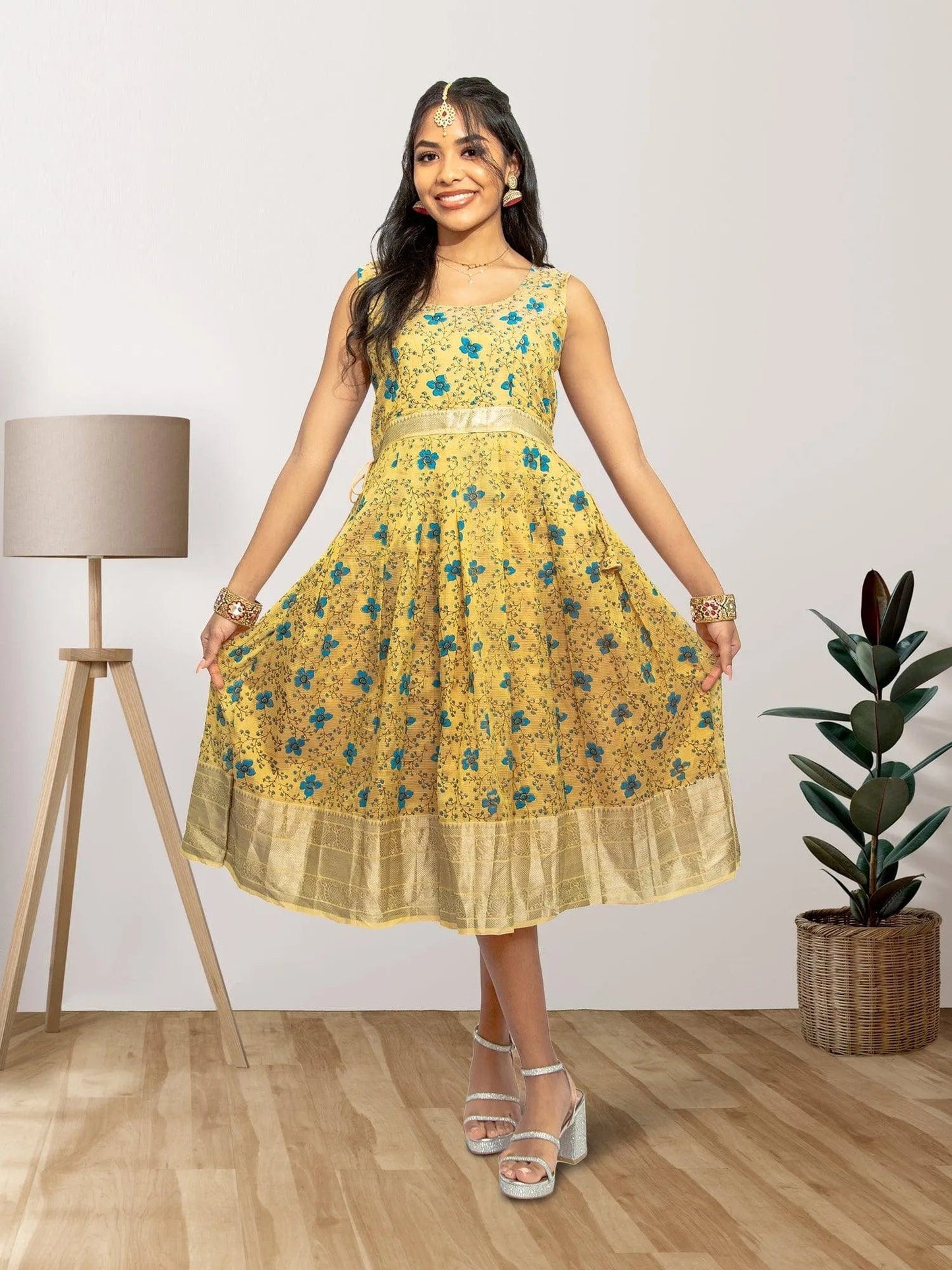 Gold Color Silk Knee Length Dress - Festive Fusion Style | Muvvas Boutique | festive indian wear | indian wear usa | indian dress in usa online | Indian Ethnic Wear | Indian Dresses From India