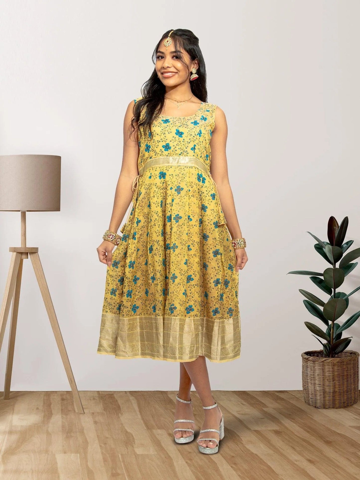 Gold Color Silk Knee Length Dress - Festive Fusion Style | Muvvas Boutique | festive indian wear | indian wear usa | indian dress in usa online | Indian Ethnic Wear | Indian Dresses From India