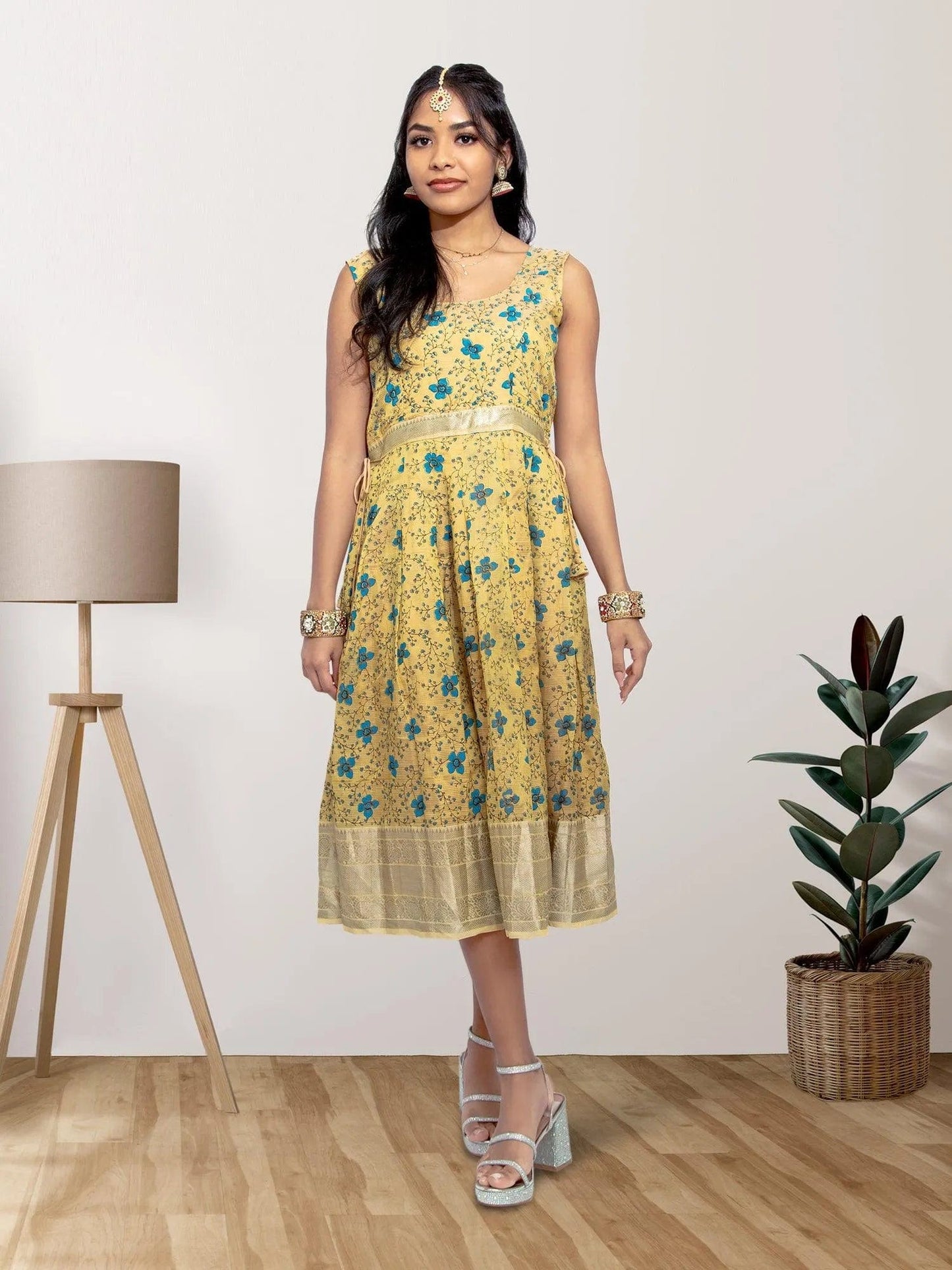 Gold Color Silk Knee Length Dress - Festive Fusion Style | Muvvas Boutique | festive indian wear | indian wear usa | indian dress in usa online | Indian Ethnic Wear | Indian Dresses From India