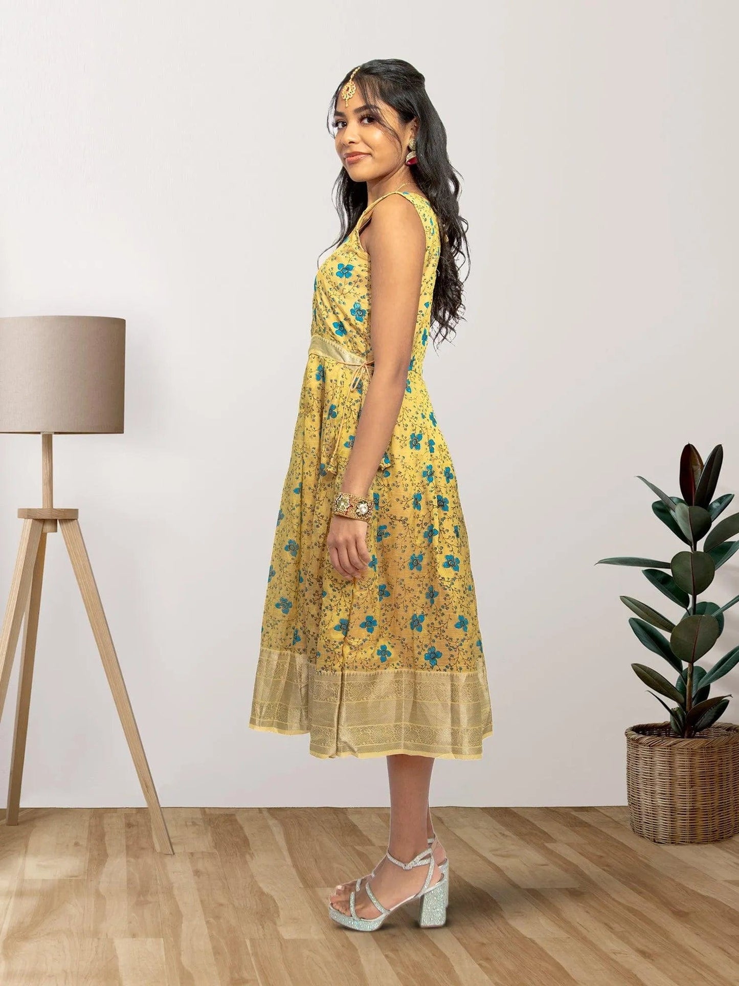 Gold Color Silk Knee Length Dress - Festive Fusion Style | Muvvas Boutique | festive indian wear | indian wear usa | indian dress in usa online | Indian Ethnic Wear | Indian Dresses From India