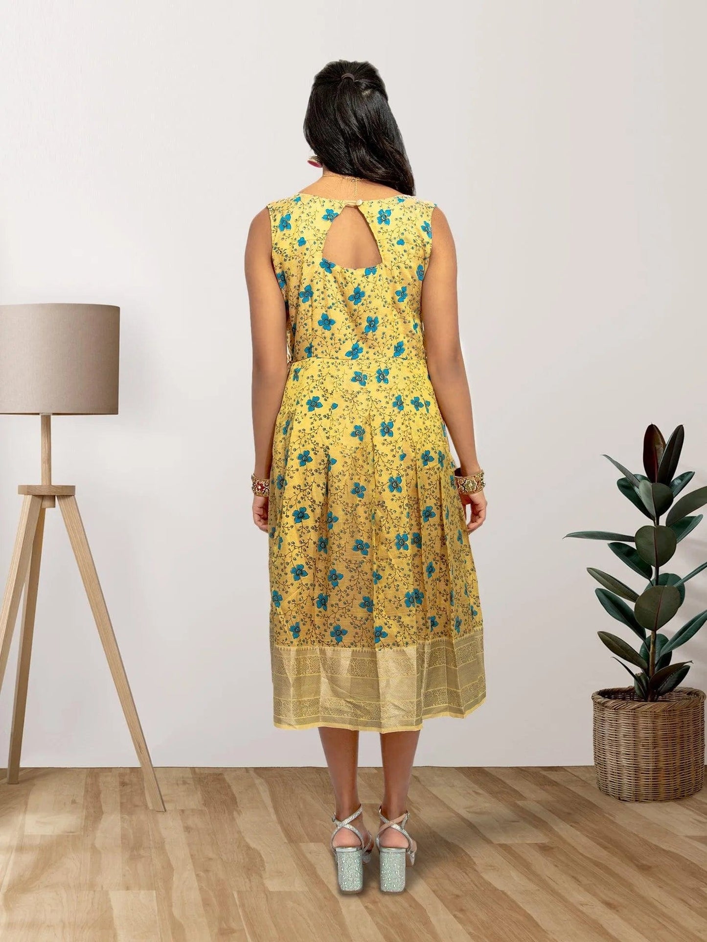 Gold Color Silk Knee Length Dress - Festive Fusion Style | Muvvas Boutique | festive indian wear | indian wear usa | indian dress in usa online | Indian Ethnic Wear | Indian Dresses From India