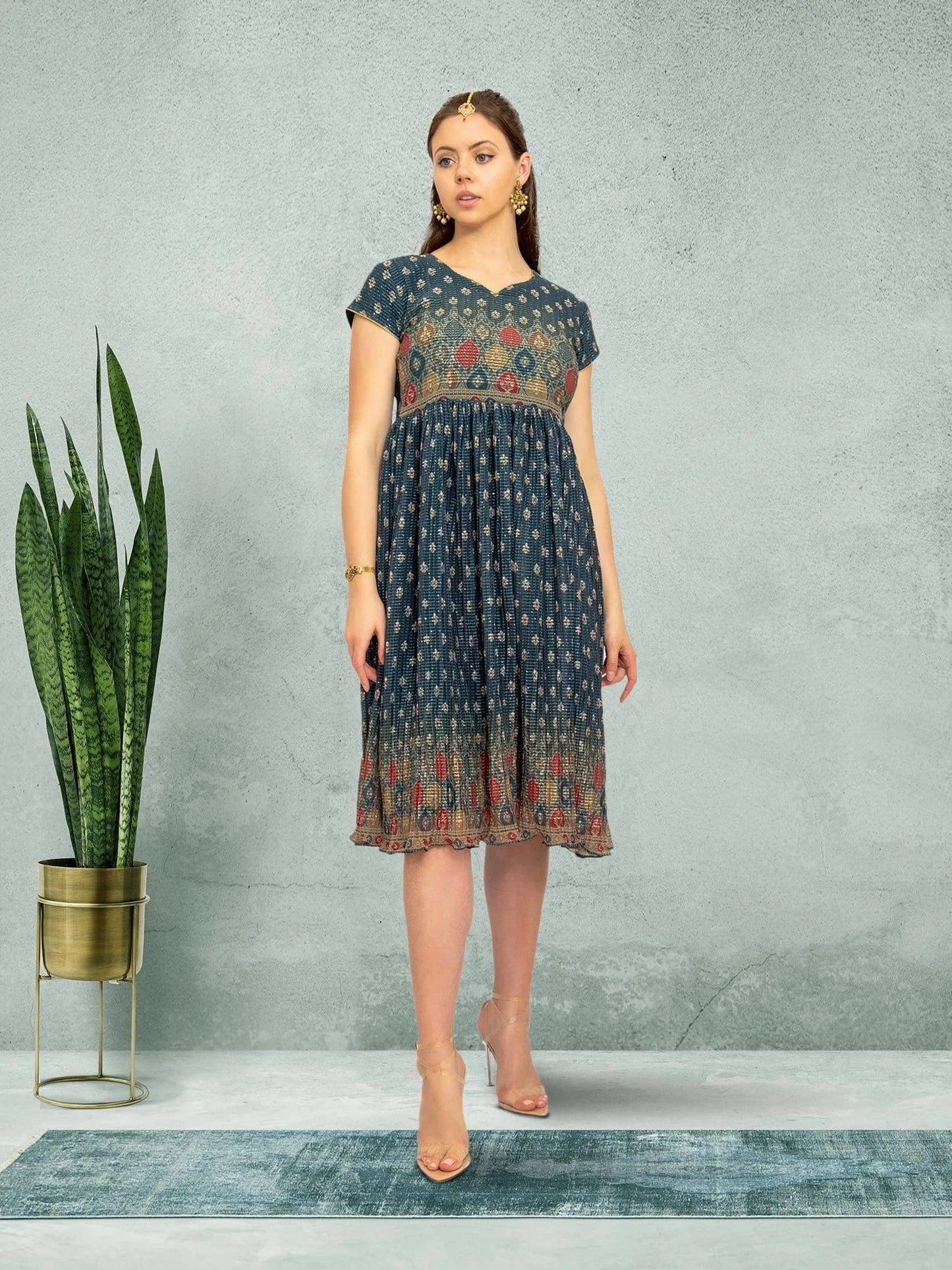 Elegant Dark Green Crushed Knee Length Fusion Dress | | festive indian wear | indian wear usa | | Indian Ethnic Wear | Modern Indian Wear | Indian Attire For Women | Indian Dresses From India
