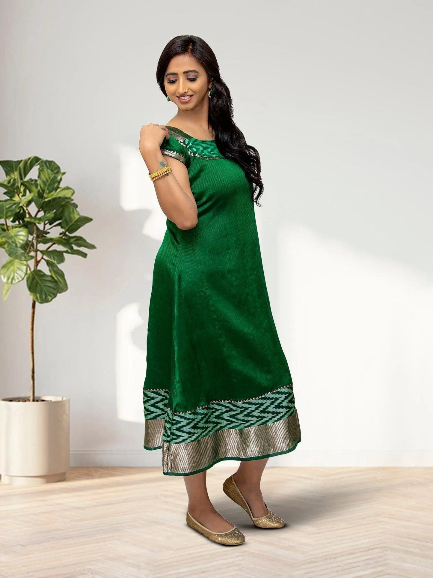 Classic Dark Green Knee-Length Silk Dress | | Traditional Weddings | Weddings Engagement Parties | indian dress in usa online | Indian Ethnic Wear | Indian Attire For Women