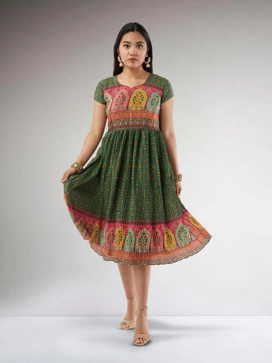 Dark Green Crushed Knee Length Dress | Indian Ethnic Wear | Indian Attire For Women | festive indian wear | indian wear usa | Indo Western Outfits
