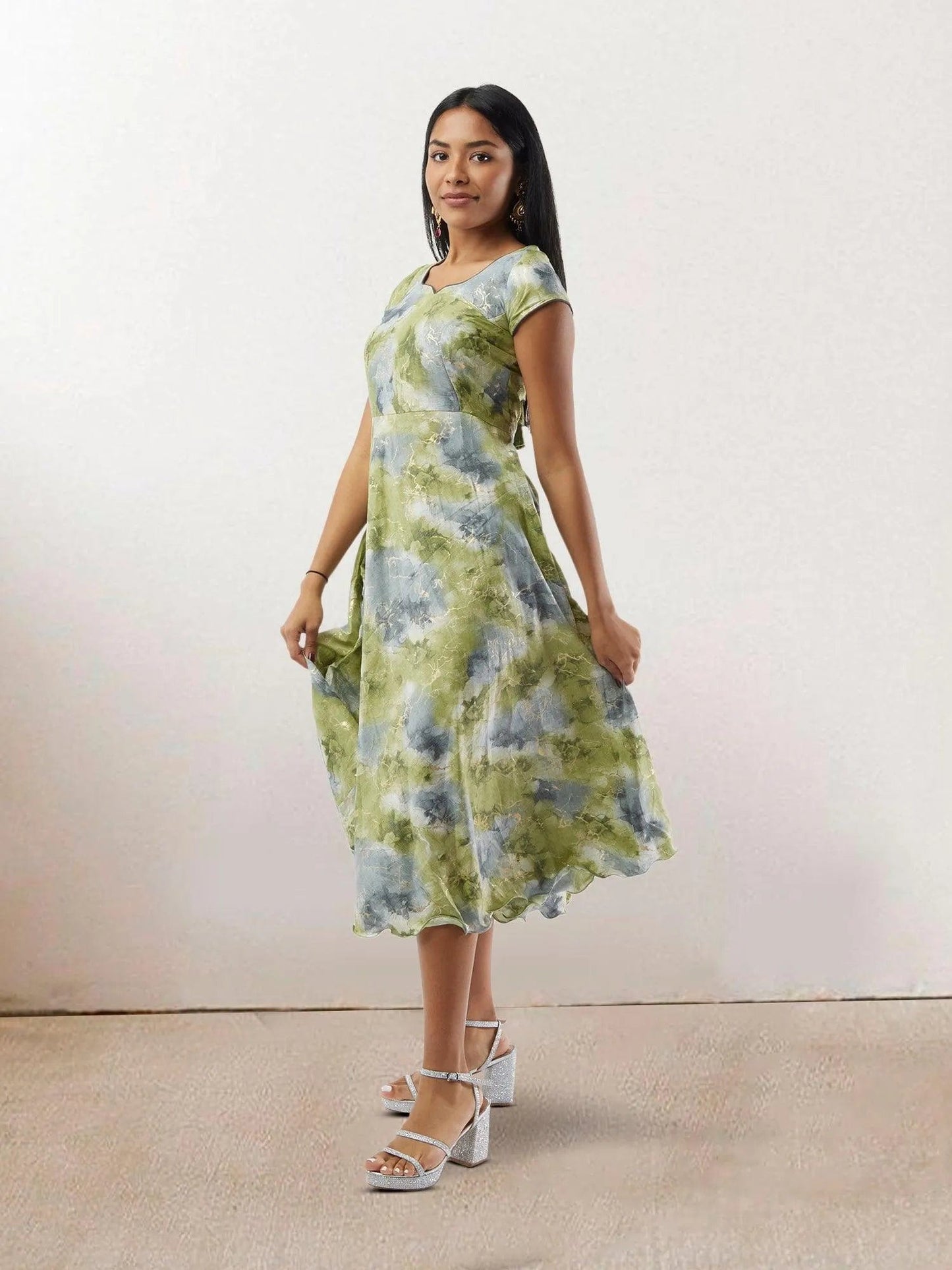Green and Grey Printed Rayon Knee Length Dress | Indo Western Dress| Modern Indian Wear | casual indian wear | indian wear usa | indian clothing online usa