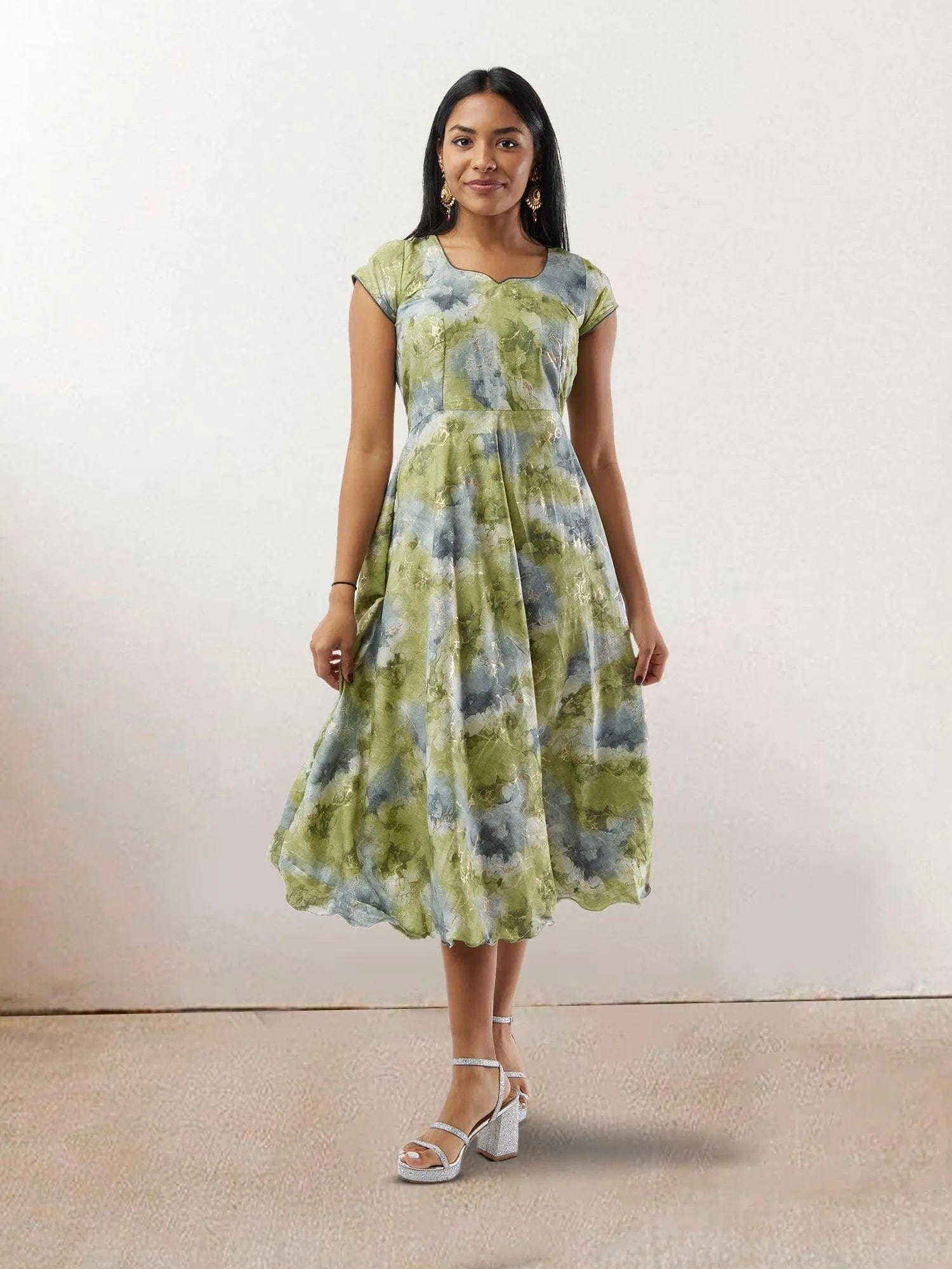 Green and Grey Printed Rayon Knee-Length Dress | Muvvas Boutique Small / Green and Grey / Rayon Green and Grey Printed Rayon Knee-Length Dress | Muvvas Boutique Small / Green and Grey / Rayon