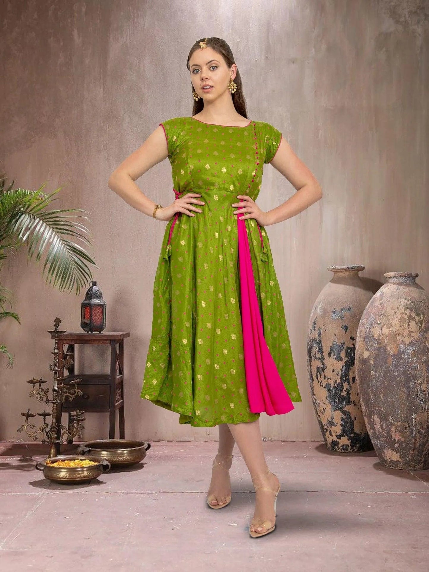 Green Pink Silk Elegant Dress | Indian Ethnic Wear | Modern Indian Wear | Indian Attire For Women | indian dress in usa online | Indian Dresses From India | Traditional Weddings | Weddings Engagement Parties