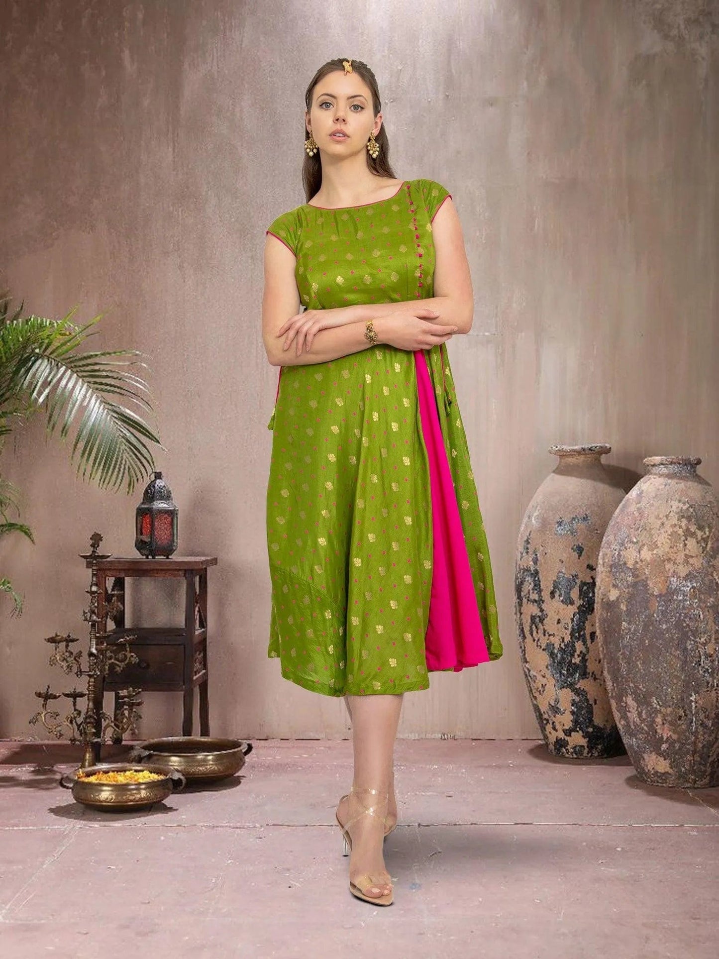 Green Pink Silk Elegant Dress | Indian Ethnic Wear | Modern Indian Wear | Indian Attire For Women | indian dress in usa online | Indian Dresses From India | Traditional Weddings | Weddings Engagement Parties