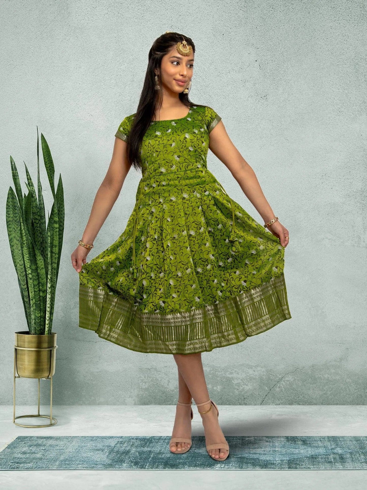Green Silk Knee Length Dress - Festive Fusion Style | Muvvas Boutique | festive indian wear | indian wear usa | indian dress in usa online | Indian Dresses From India