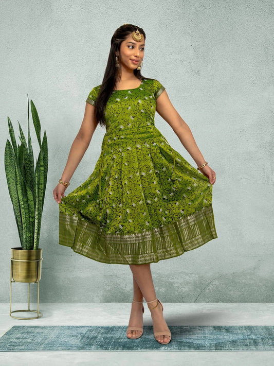 Green Silk Knee Length Dress - Festive Fusion Style | Muvvas Boutique | festive indian wear | indian wear usa  | indian dress in usa online | Indian Dresses From India