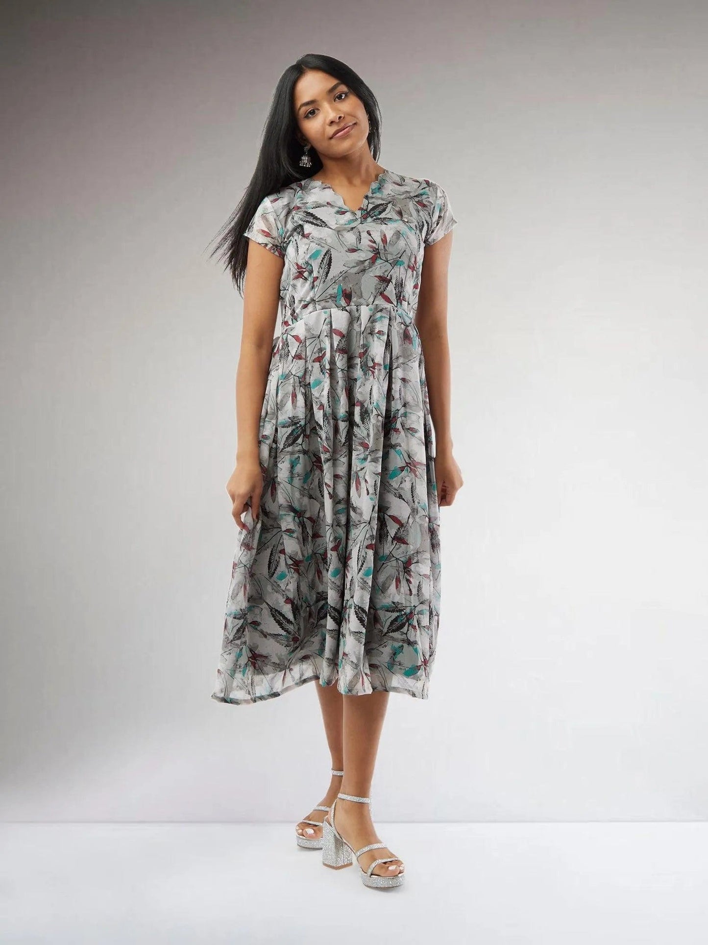 Grey Printed Chiffon Knee Length Dress | Indo Western Dress| Modern Indian Wear | casual indian wear | indian wear usa | indian clothing online usa