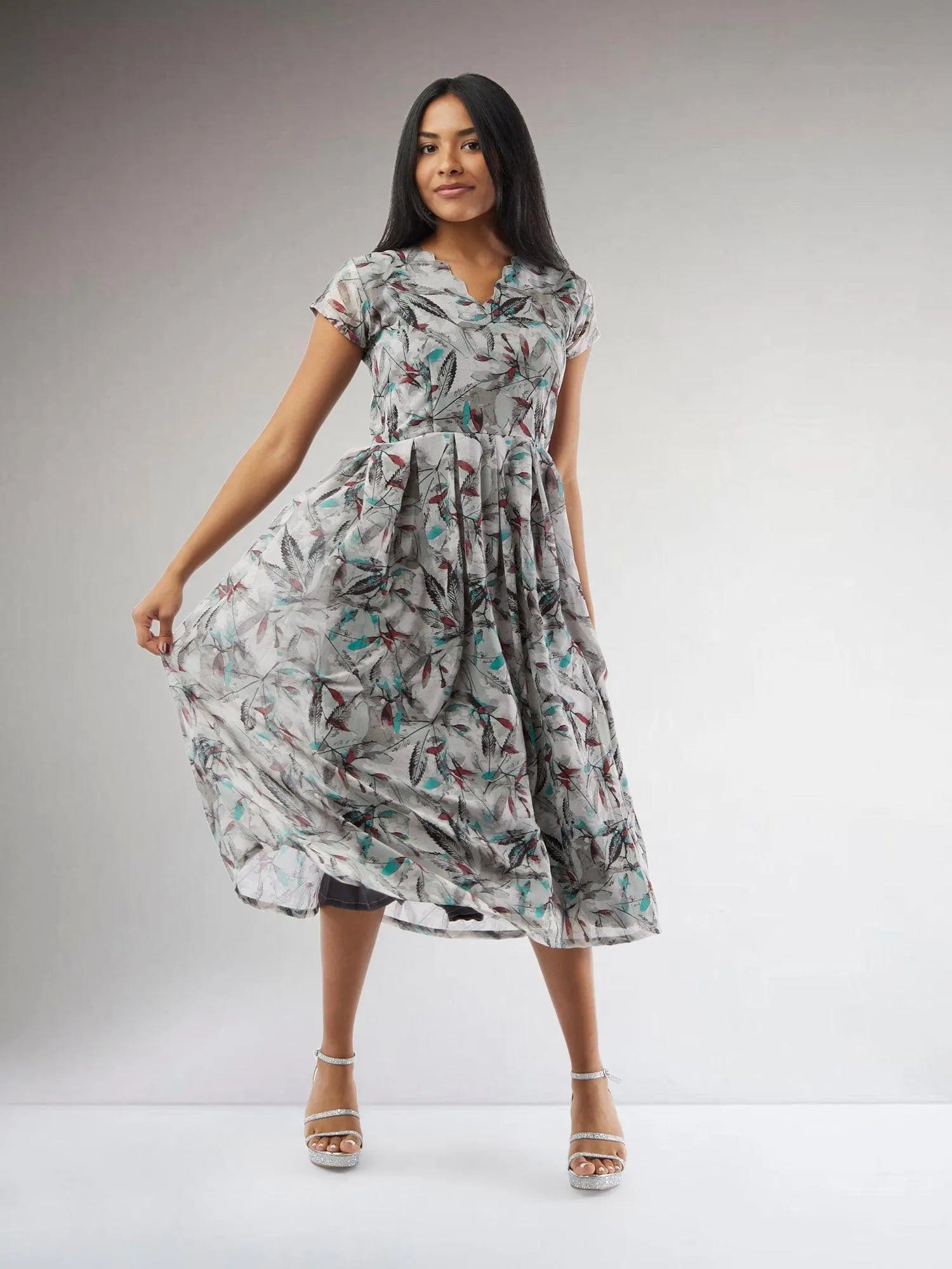 Grey Printed Chiffon Knee Length Dress | Indo Western Dress| Modern Indian Wear | casual indian wear | indian wear usa  | indian clothing online usa