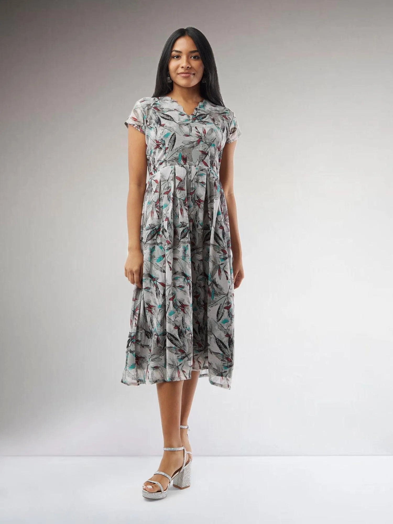 Grey Printed Chiffon Knee Length Dress | Indo Western Dress| Modern Indian Wear | casual indian wear | indian wear usa  | indian clothing online usa