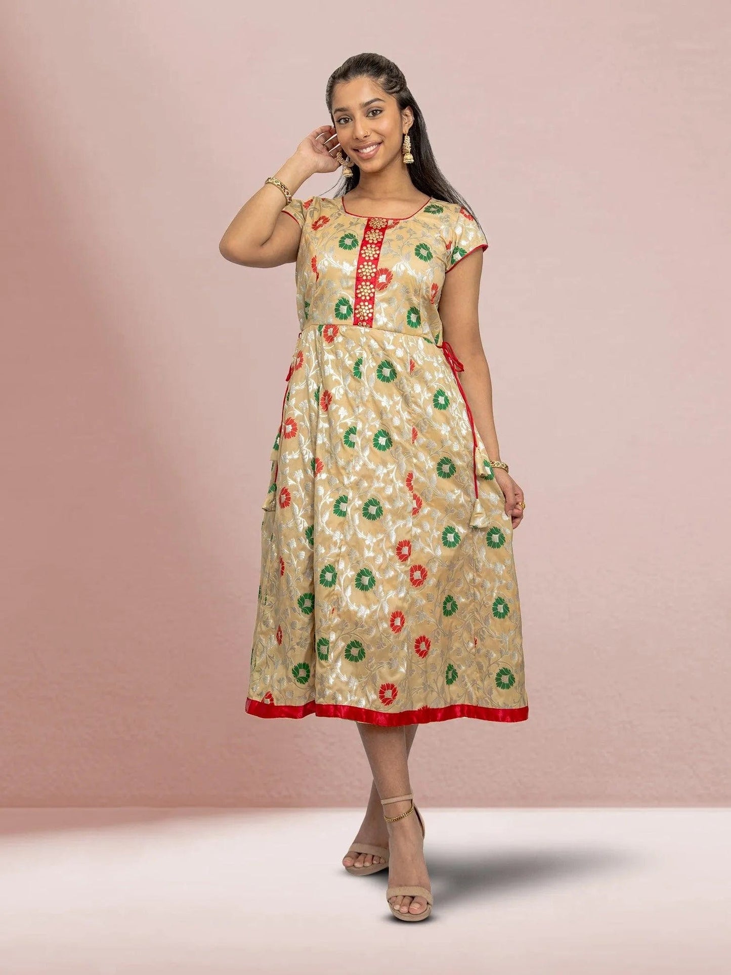 Ivory Beige Silk Knee Length Dress | formal indian dress | Traditional Weddings | Weddings Engagement Parties | indian dress in usa online | Indian Attire For Women