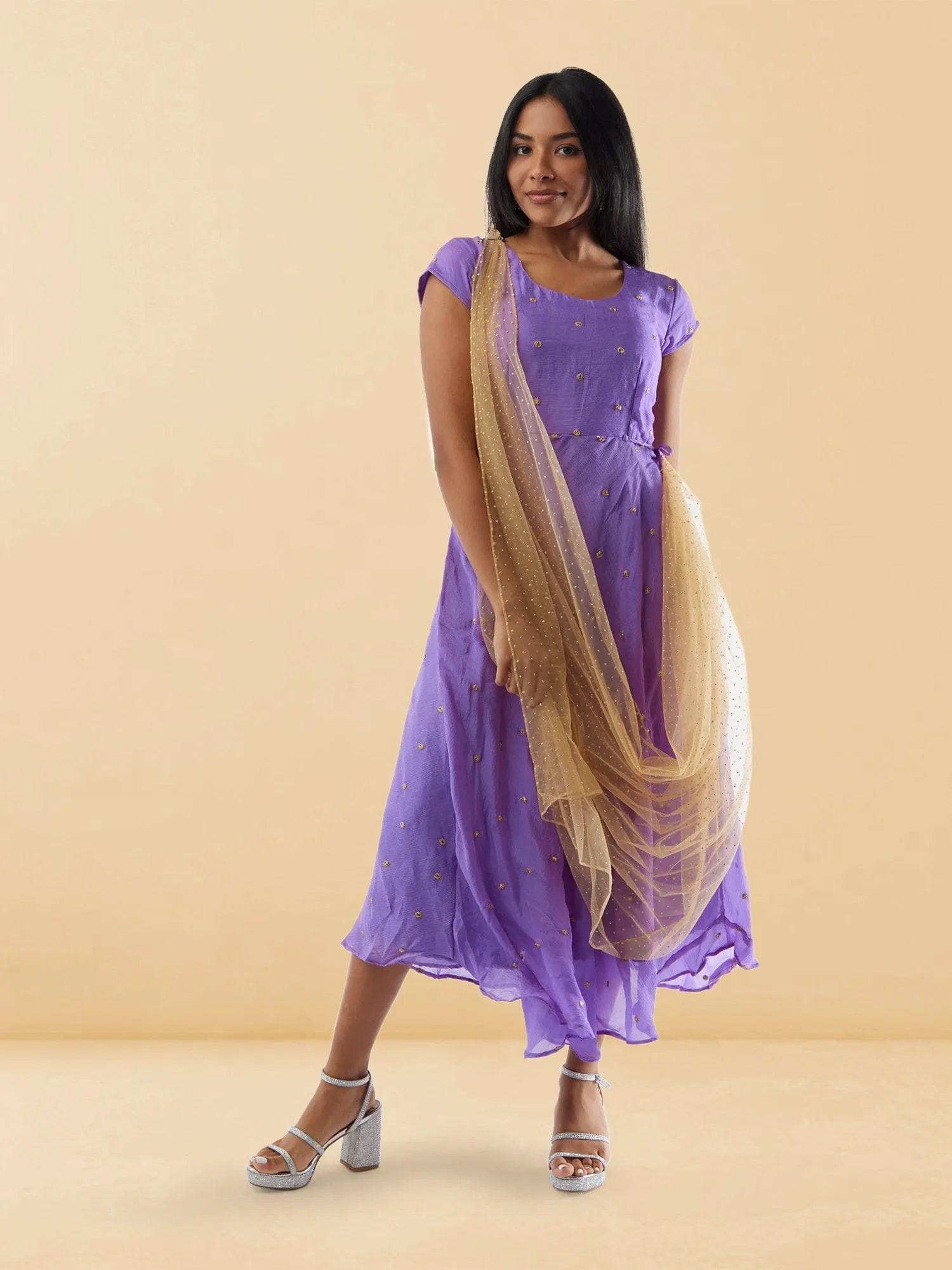 Lavender Banarasi Georgette Dress with Dupatta | Muvvas Boutique Lavender Banarasi Georgette Dress with Dupatta | Muvvas Boutique