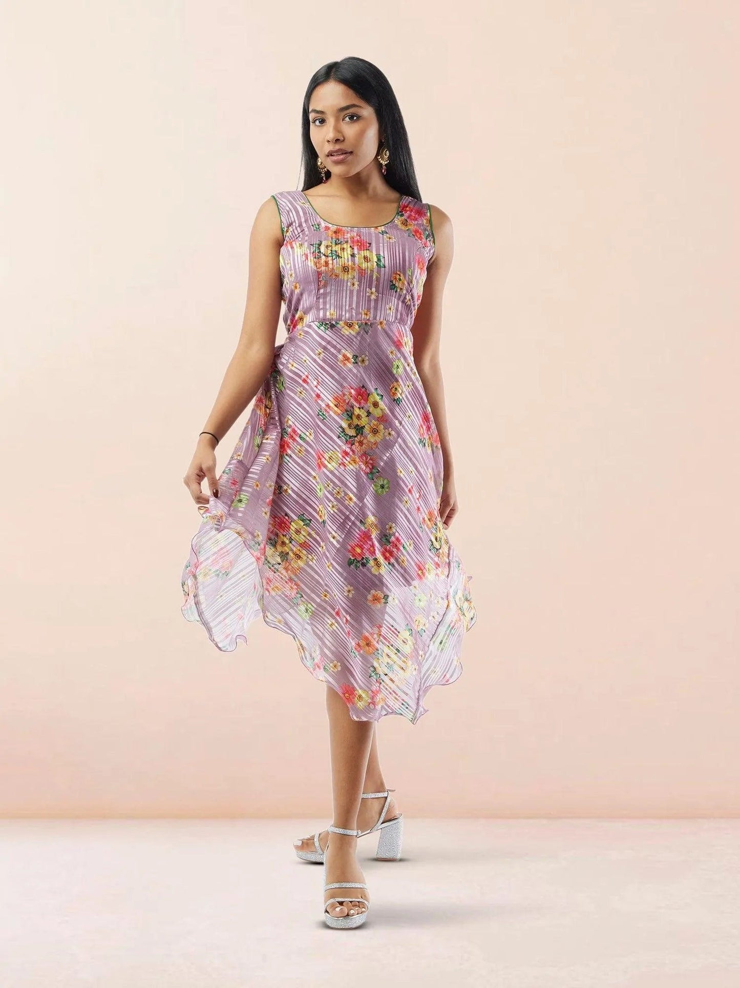 Lavender Floral Printed Chiffon Knee Length Indo Western Dress| Modern Indian Wear | indian party dress for women | indian wear usa | Indo Western Outfits