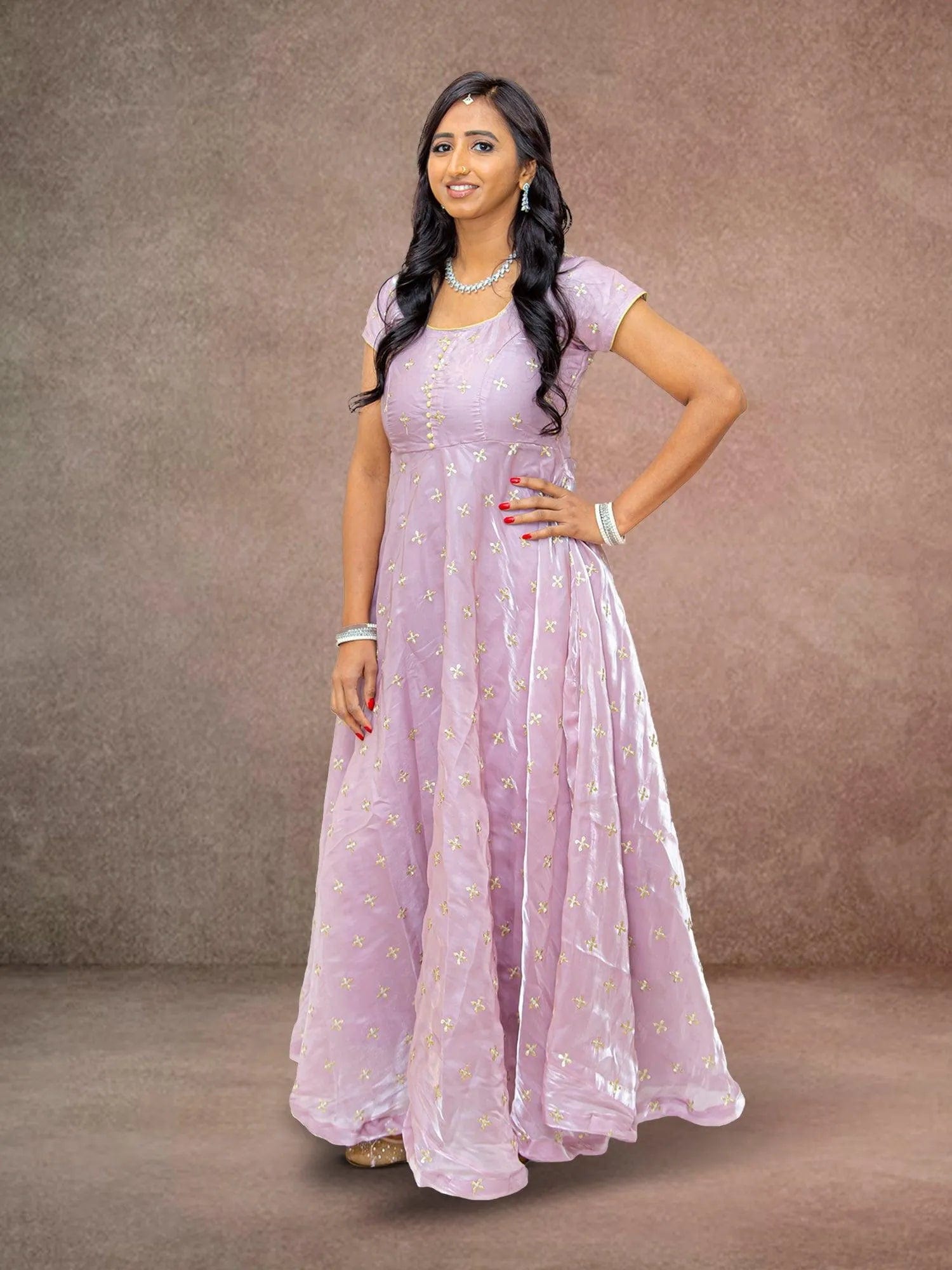 Lavender Organza Anarkali with Gold Work | Muvvas Boutique X-Large / Lavender / Organza Lavender Organza Anarkali with Gold Work | Muvvas Boutique X-Large / Lavender / Organza