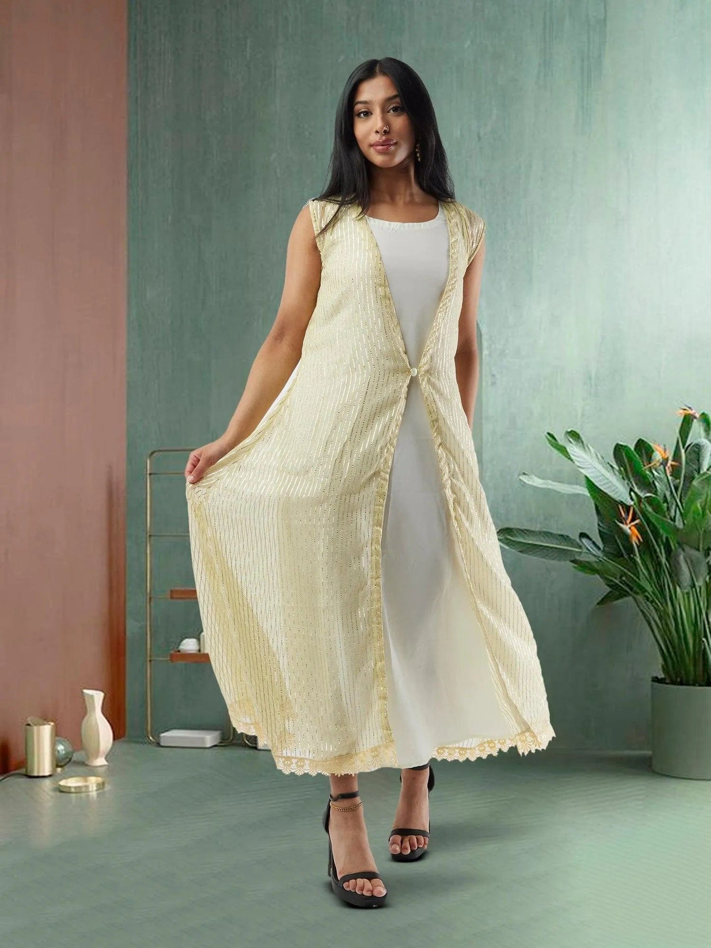 Lemon Yellow and Silver Two Piece Layered Ankle Length Dress | Indo Western Dress| Modern Indian Wear | Indo Western Outfits | indian wear usa | casual indian wear