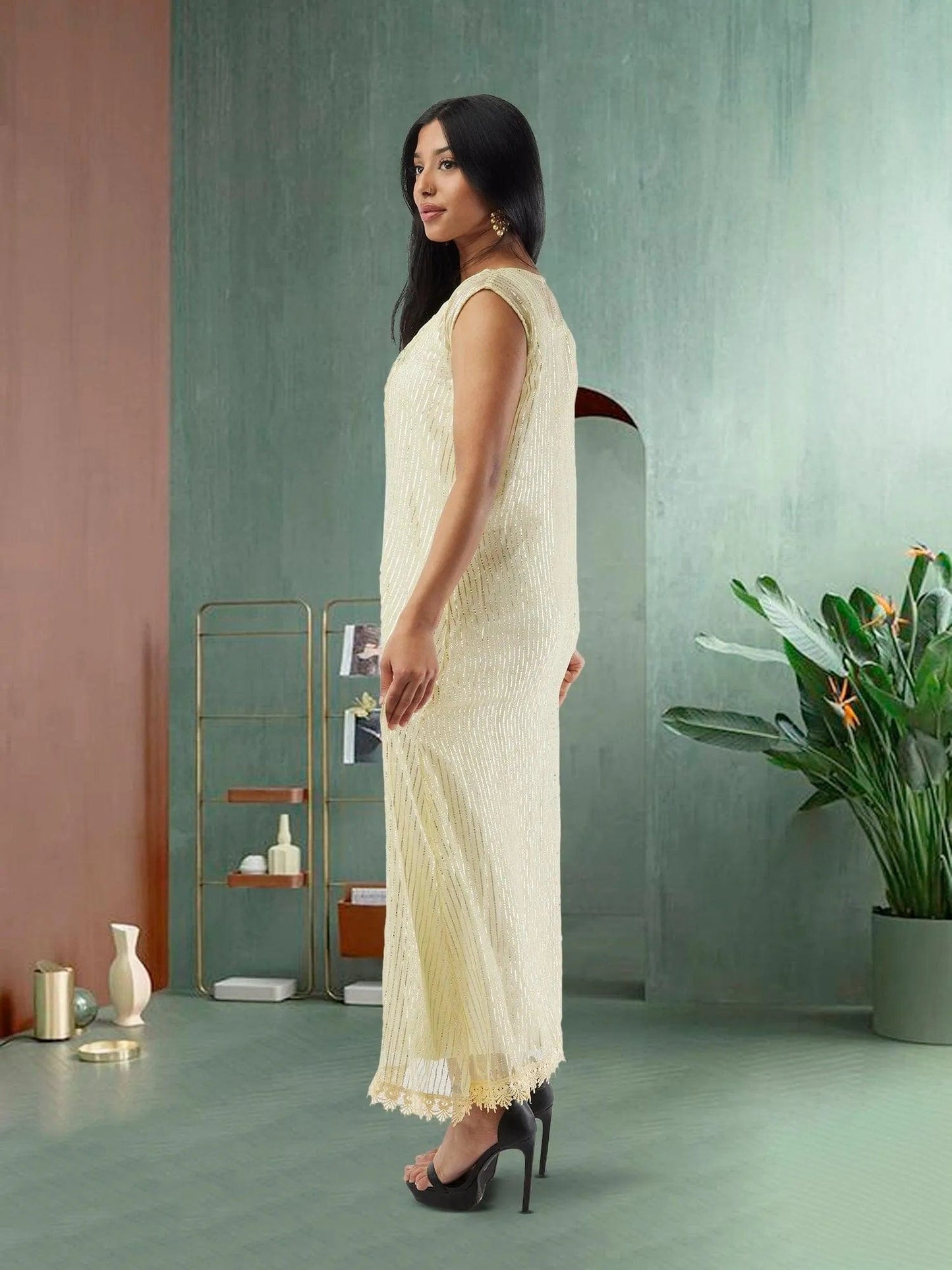Lemon Yellow and Silver Two Piece Layered Ankle Length Dress | Indo Western Dress| Modern Indian Wear | Indo Western Outfits | indian wear usa | casual indian wear