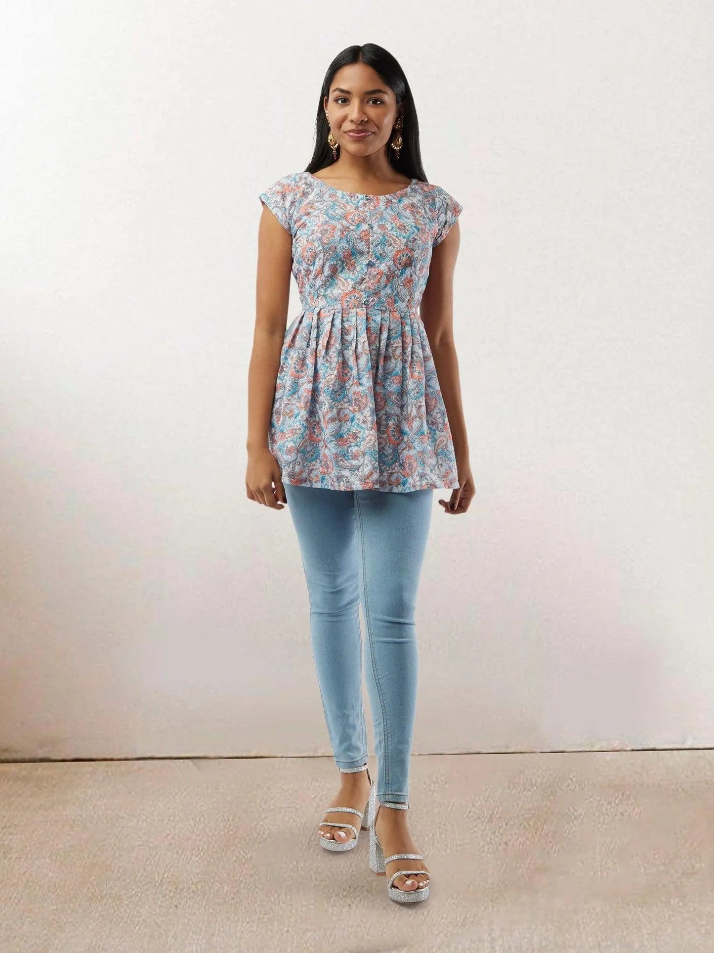 Light Blue Printed Short Top | Short Kurtis For women | Modern Indian Wear | Indian Attire For Women | Women's Tops | Indian Short Tops | Indian Wear for Women | Casual Indian Dress