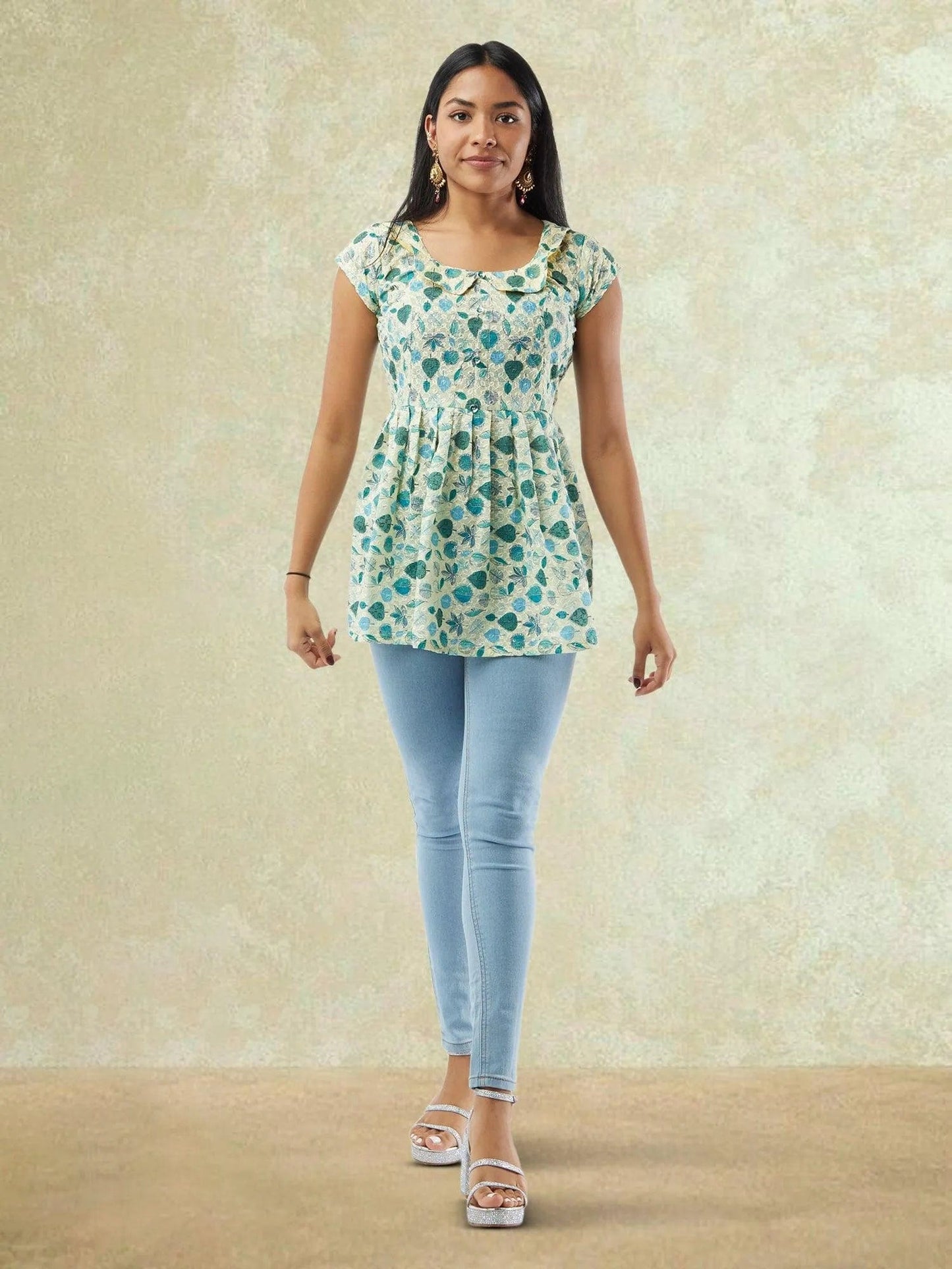 Light Green Printed Short Top with Collar | Modern Indian Wear | Indian Attire For Women | Indian Wear for Women | Women's Tops | Indian Short Tops | Indian Wear for Women | Casual Indian Dress