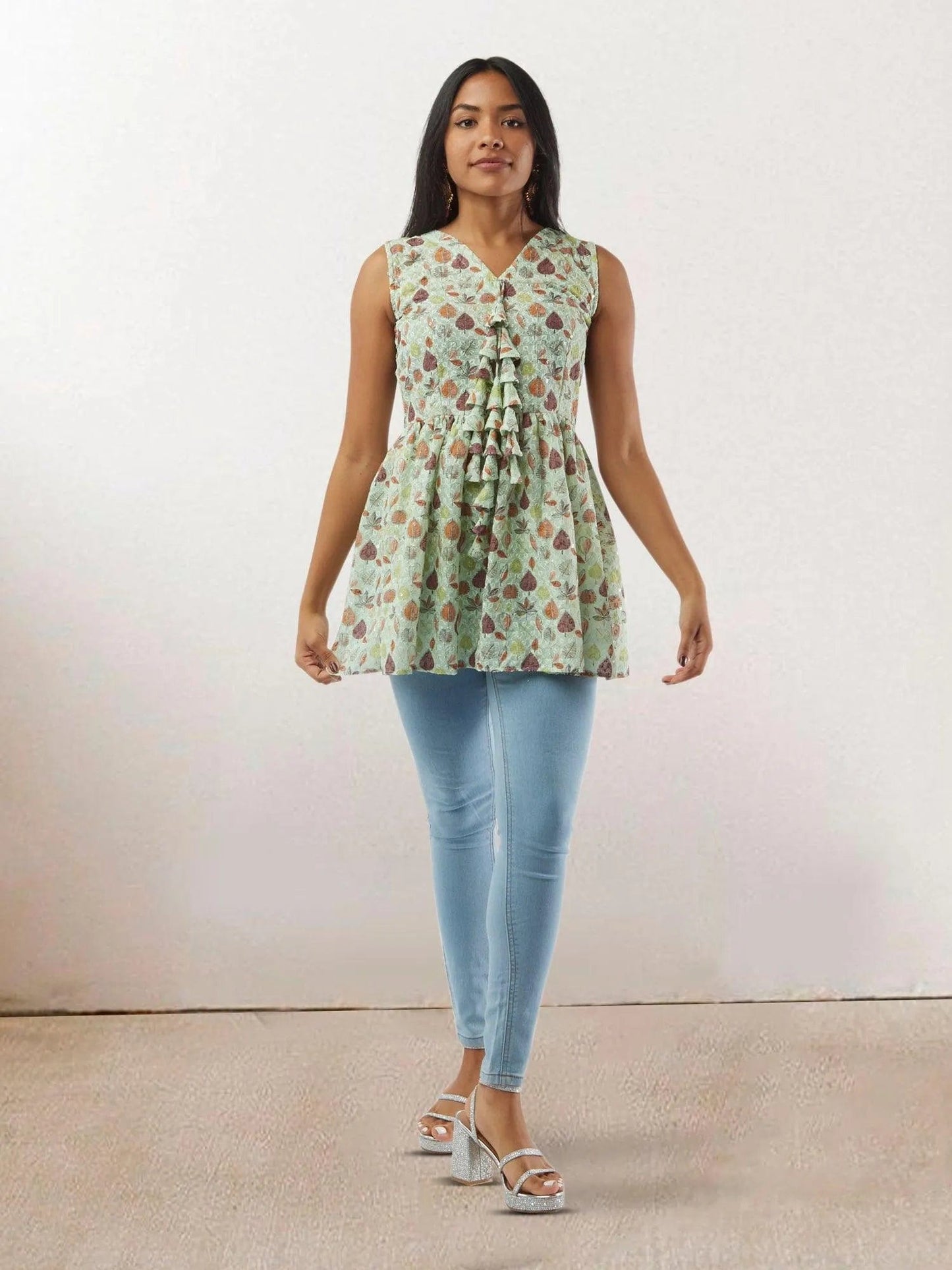 Light Green Printed Short Top with Latkans | Modern Indian Wear | Indian Attire For Women | Indian Wear for Women | Women's Tops | Indian Short Tops | Indian Wear for Women | Casual Indian Dress