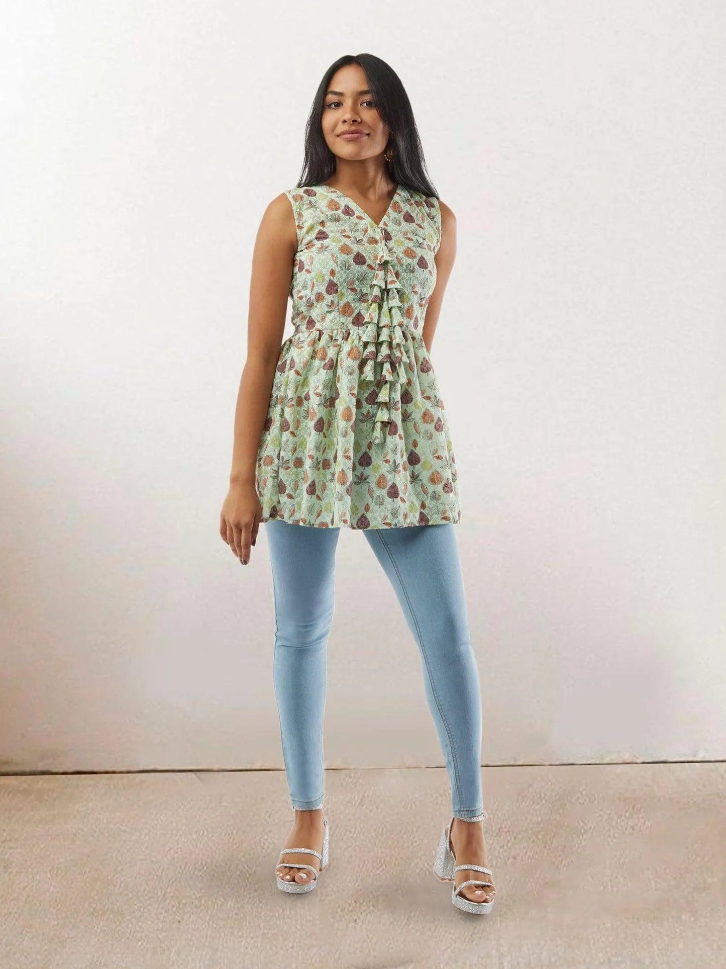 Light Green Printed Short Top with Latkans | Modern Indian Wear | Indian Attire For Women | Indian Wear for Women | Women's Tops | Indian Short Tops | Indian Wear for Women | Casual Indian Dress