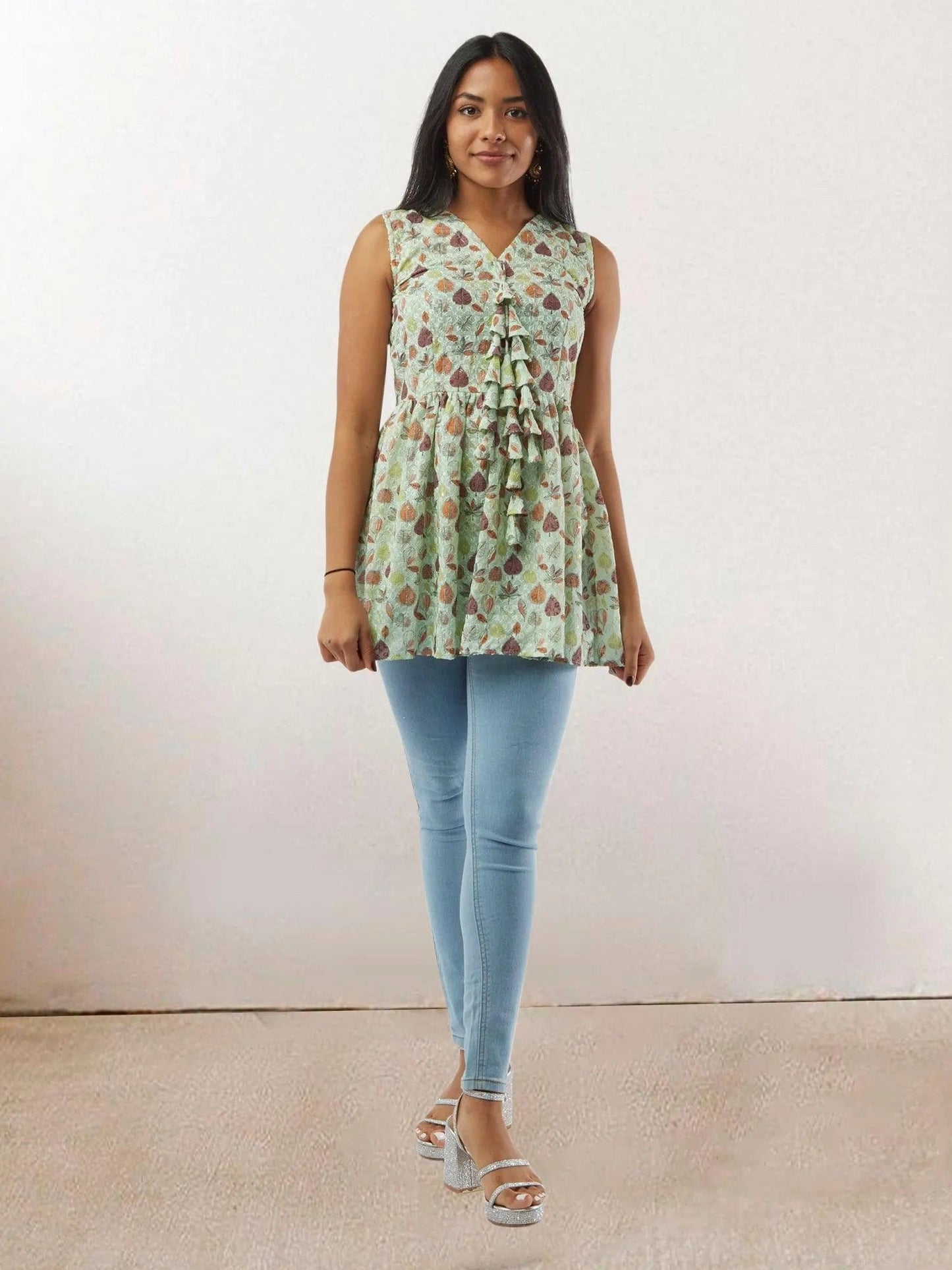 Light Green Printed Short Top with Latkans | Modern Indian Wear | Indian Attire For Women | Indian Wear for Women | Women's Tops | Indian Short Tops | Indian Wear for Women | Casual Indian Dress