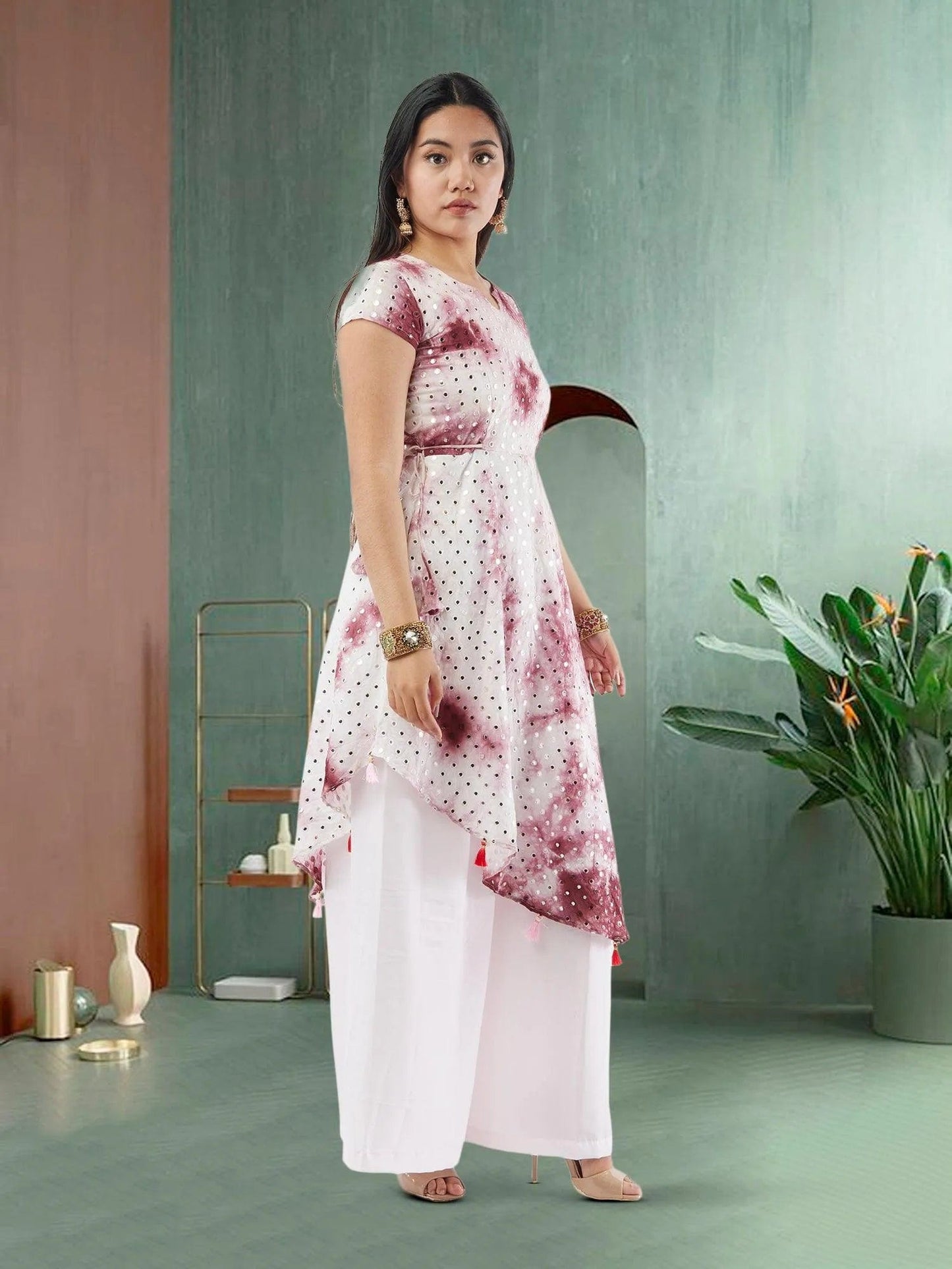 Maroon and Pink Diagonal Palazzo Suit with Mirror Work | Salwar Kameez | Indian Ethnic Wear | Salwar Kameez Online | kameez-salwar-suit