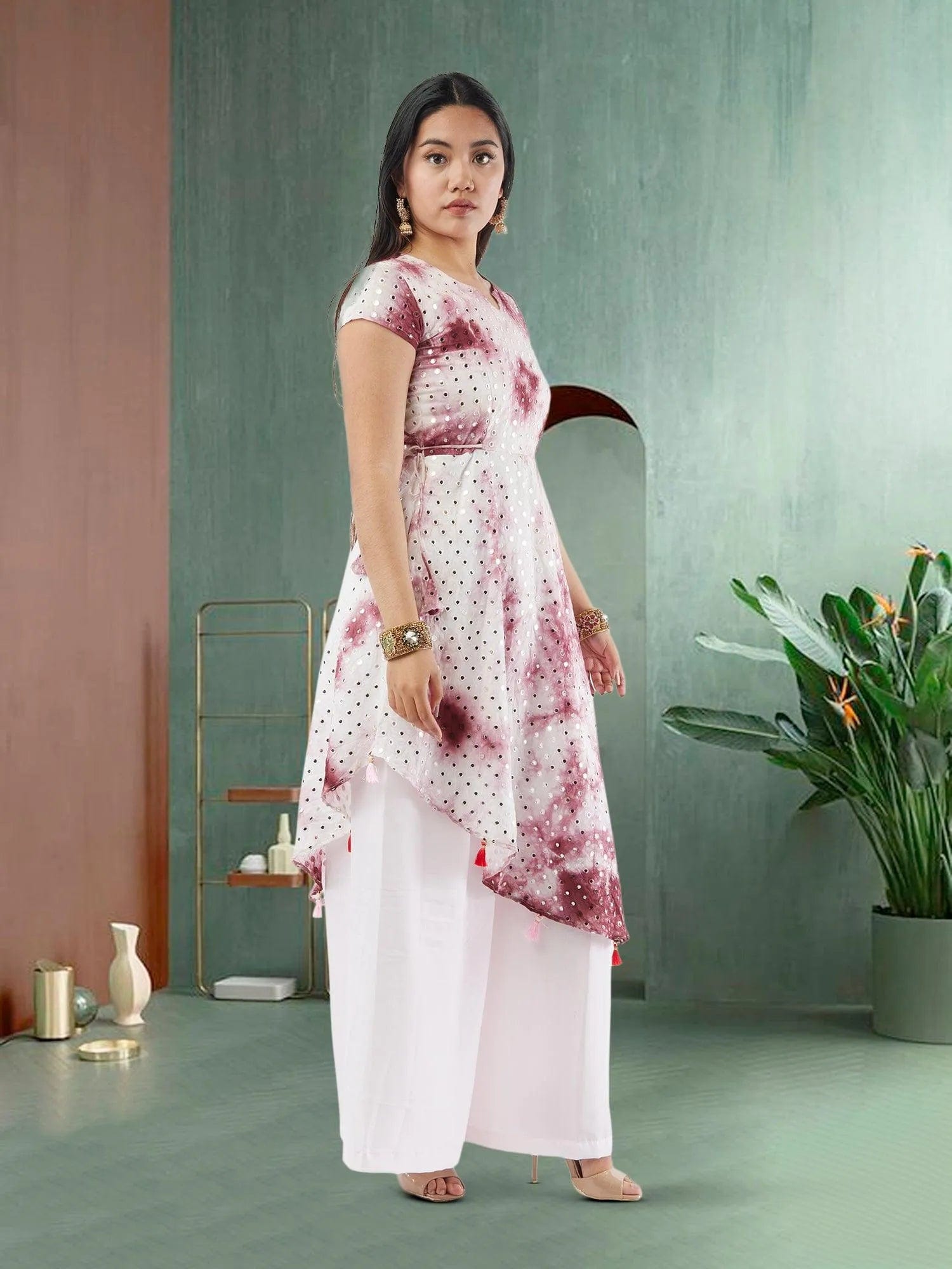 Maroon and Pink Diagonal Palazzo Suit with Mirror Work | Salwar Kameez | Indian Ethnic Wear | Salwar Kameez Online | kameez-salwar-suit