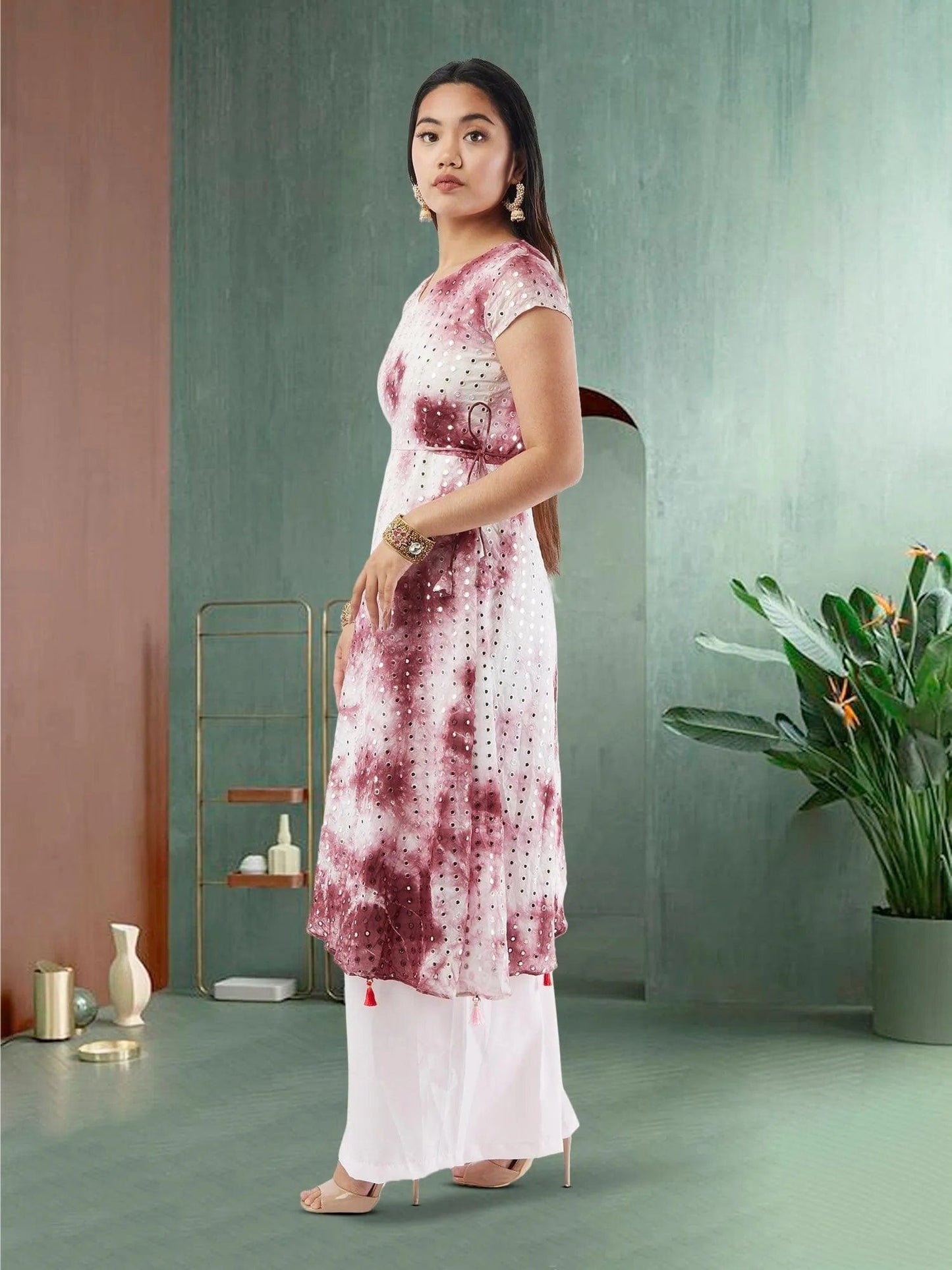 Maroon and Pink Diagonal Palazzo Suit with Mirror Work | Salwar Kameez | Indian Ethnic Wear | Salwar Kameez Online | kameez-salwar-suit